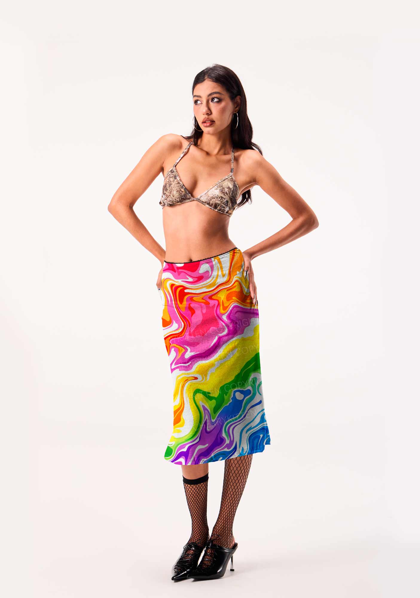 Rainbow Liquid Tie Dye Pride Y2K Print Midi Skirt Cherrykitten