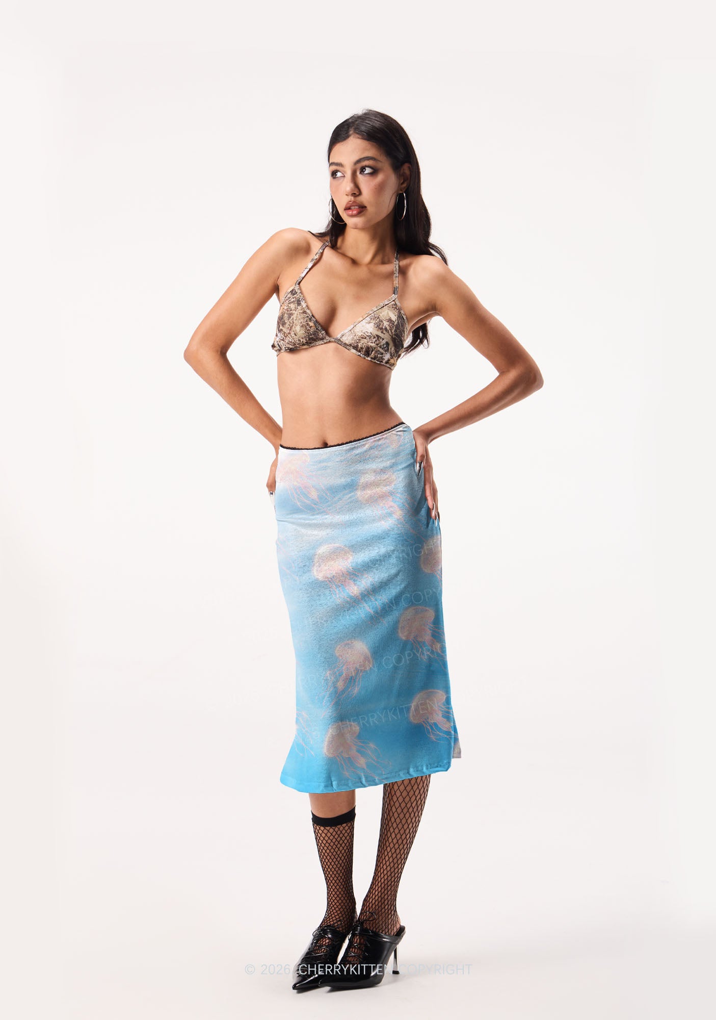 Pink Jellyfish Underwater Y2K Print Midi Skirt Cherrykitten