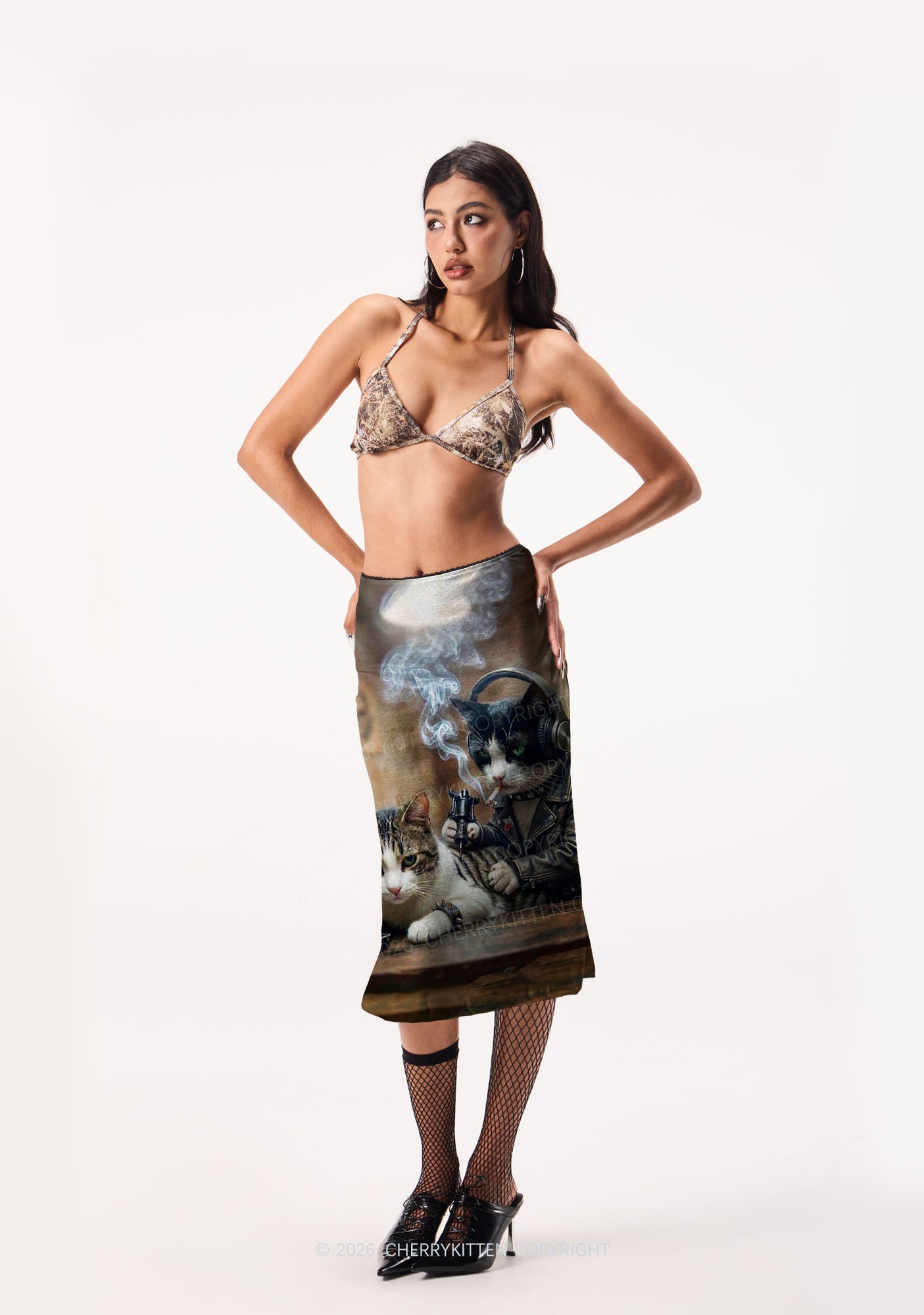 Smoking Cats Tattoo Scene Y2K Print Midi Skirt Cherrykitten