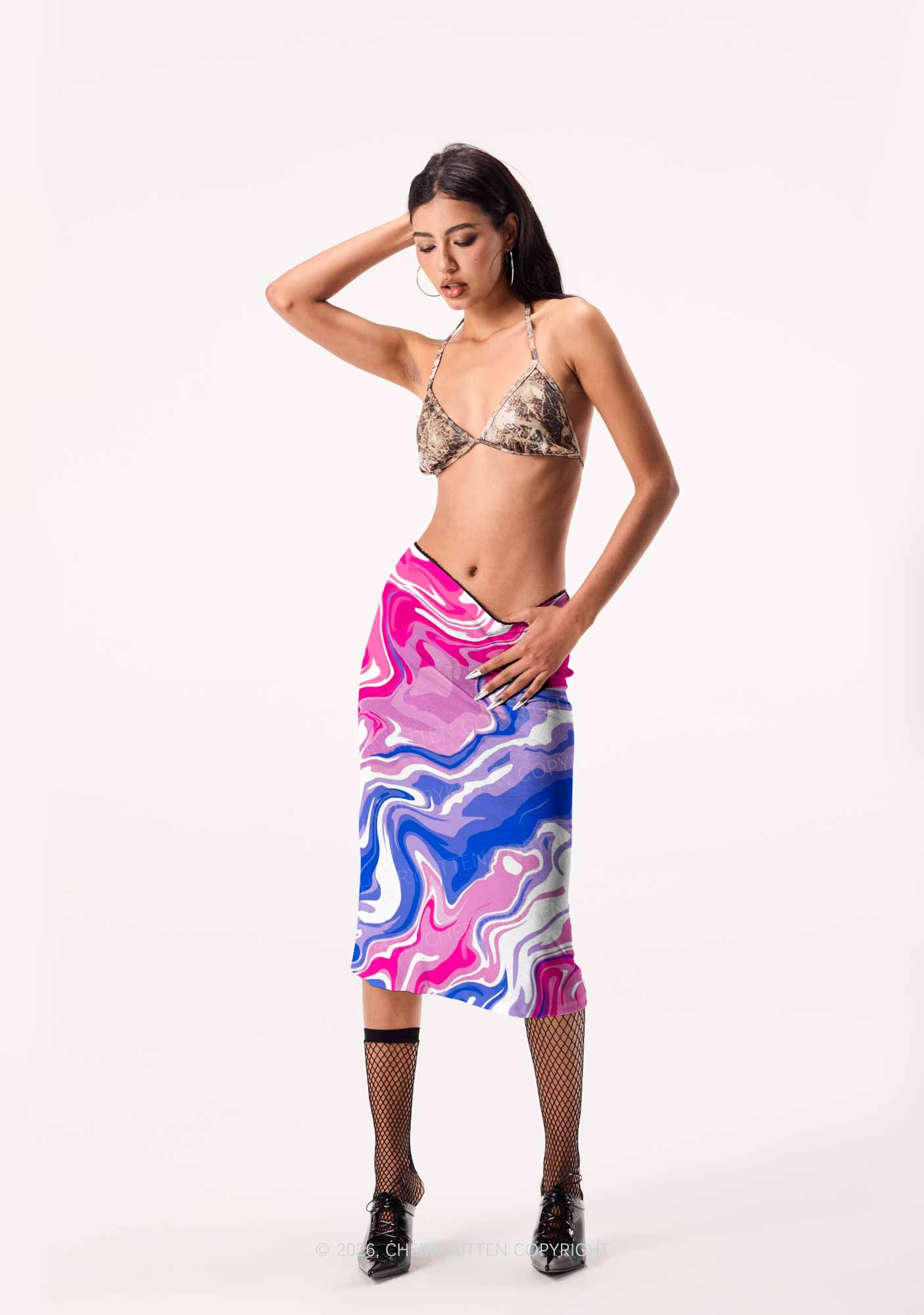 Bisexual Liquid Tie Dye Pride Y2K Print Midi Skirt Cherrykitten