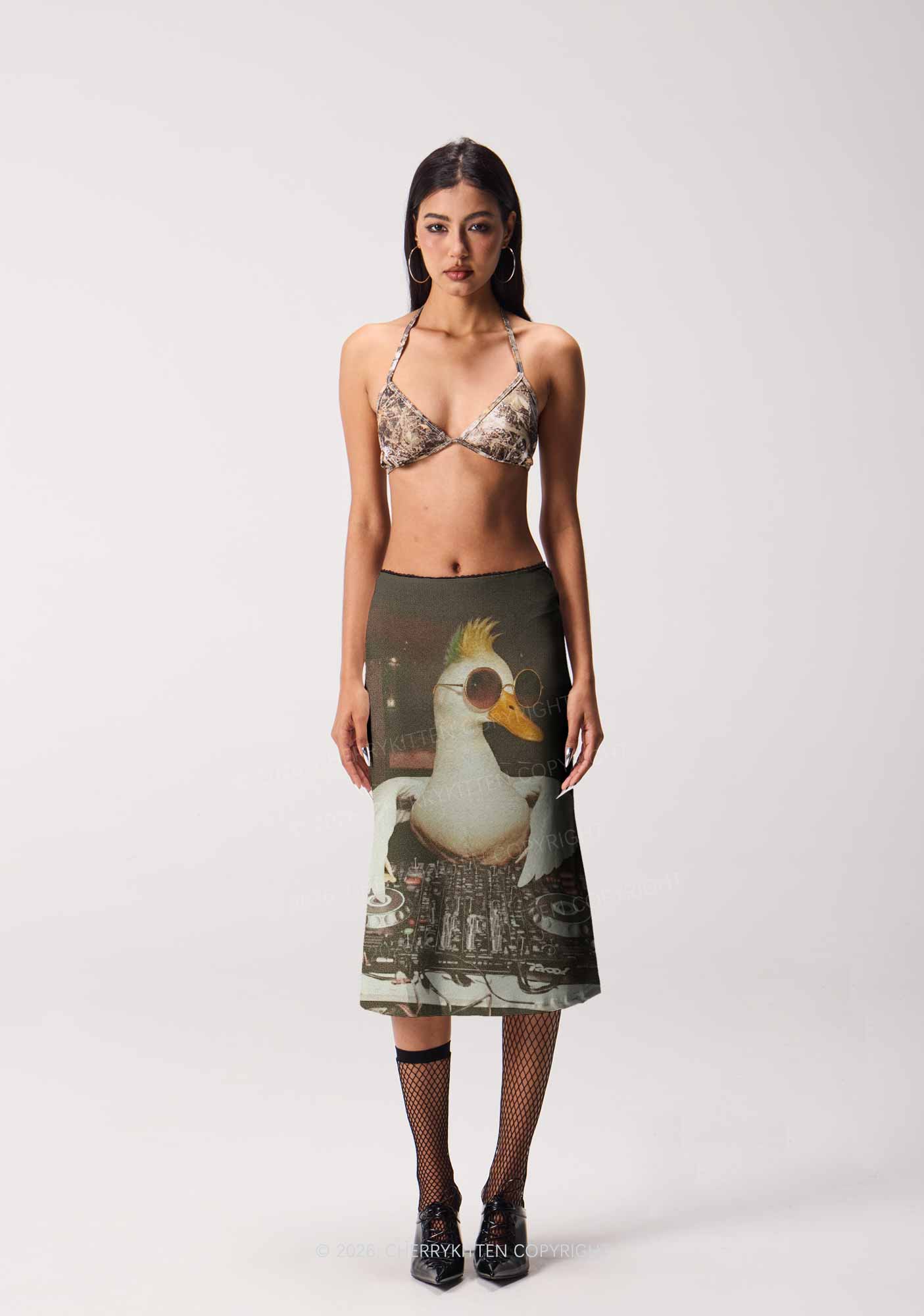 Sunglasses DJ Duck Y2K Print Midi Skirt Cherrykitten