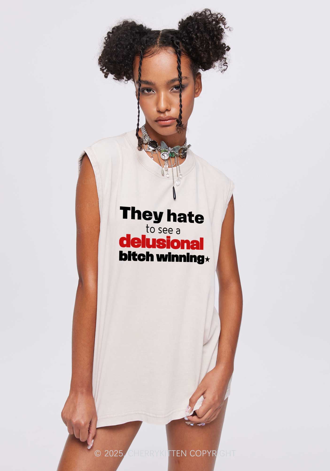 Delusional Bxtch Winning Y2K Washed Muscle Tank Cherrykitten