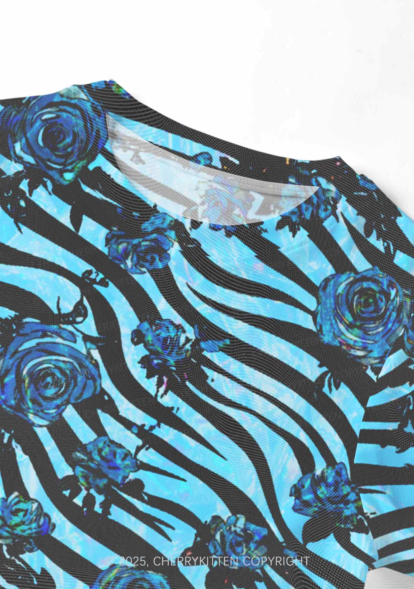 Blue Zebra Roses Y2K Mesh Crop Top Cherrykitten