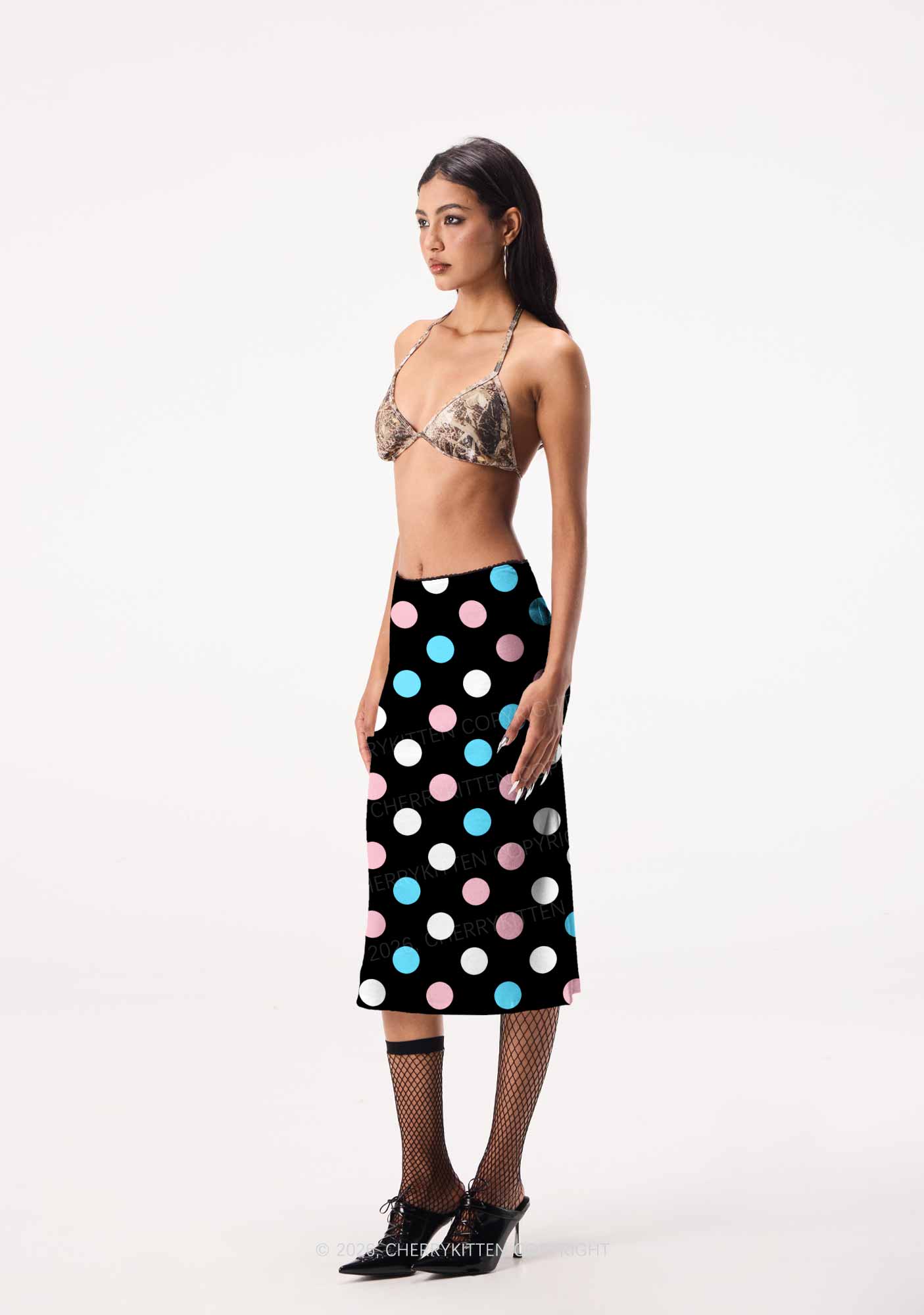Trans Dots On Black Pride Y2K Print Midi Skirt Cherrykitten