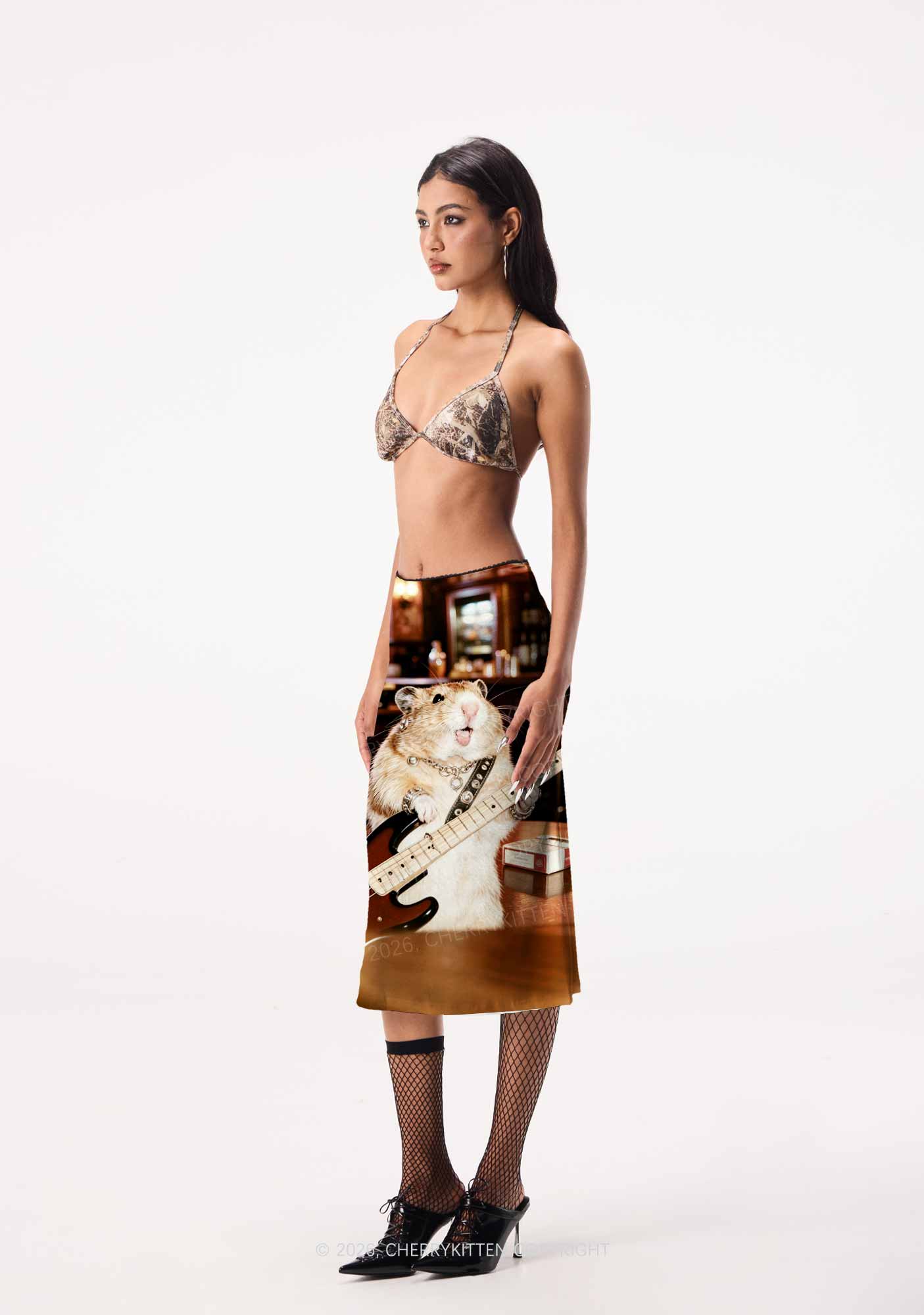 Hamster Bassist Techno Y2K Print Midi Skirt Cherrykitten