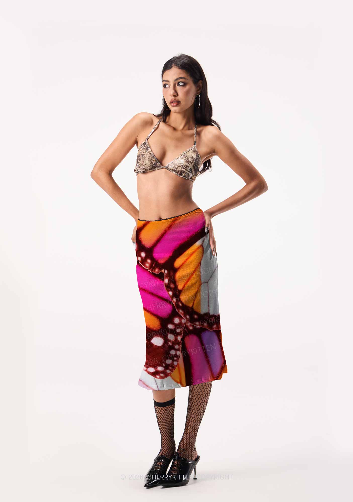 Lesbian Butterfly Wing Pride Y2K Print Midi Skirt Cherrykitten