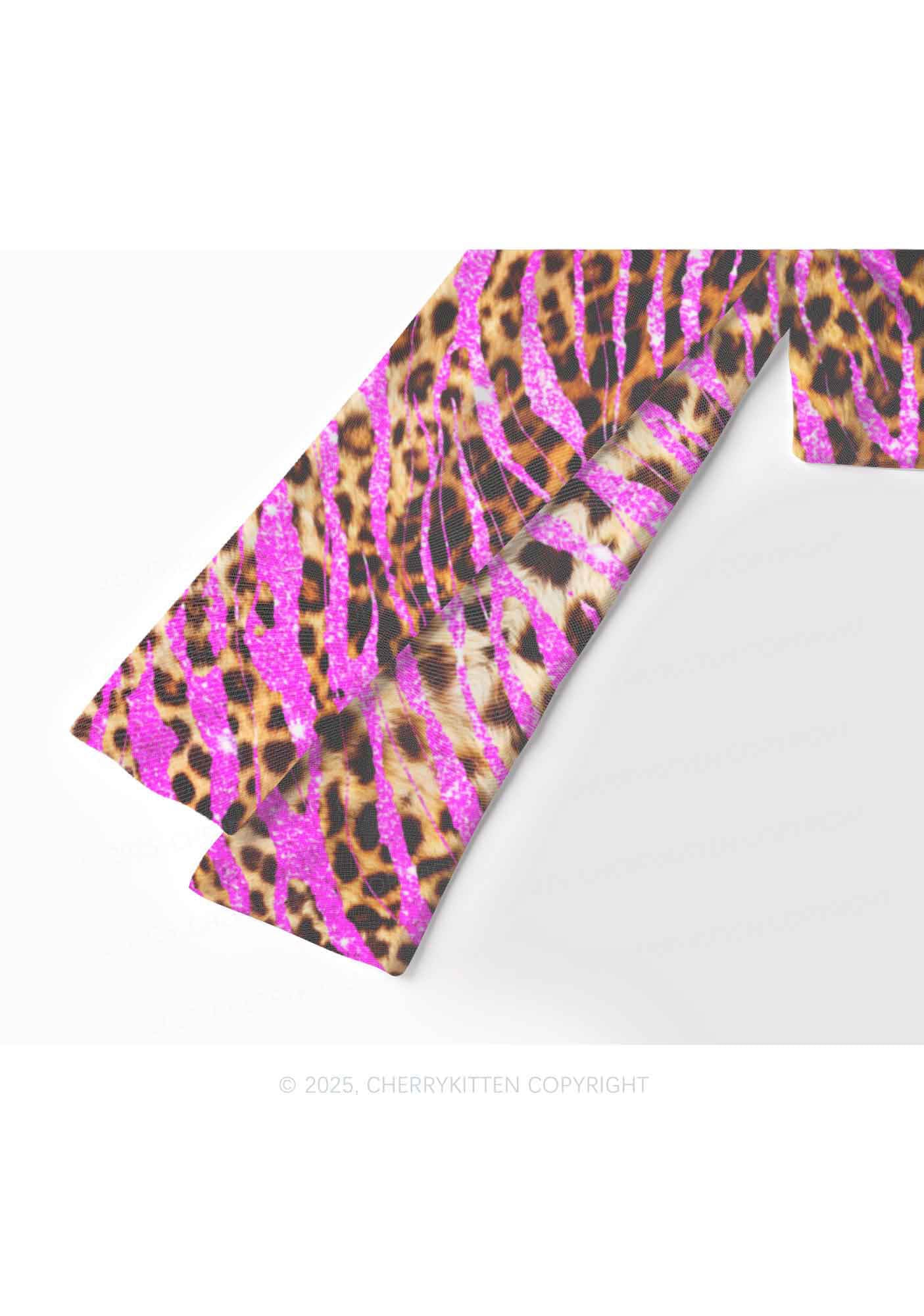 Sparkle Pink Leopard Y2K Mesh Long Sleeve Crop Top Cherrykitten