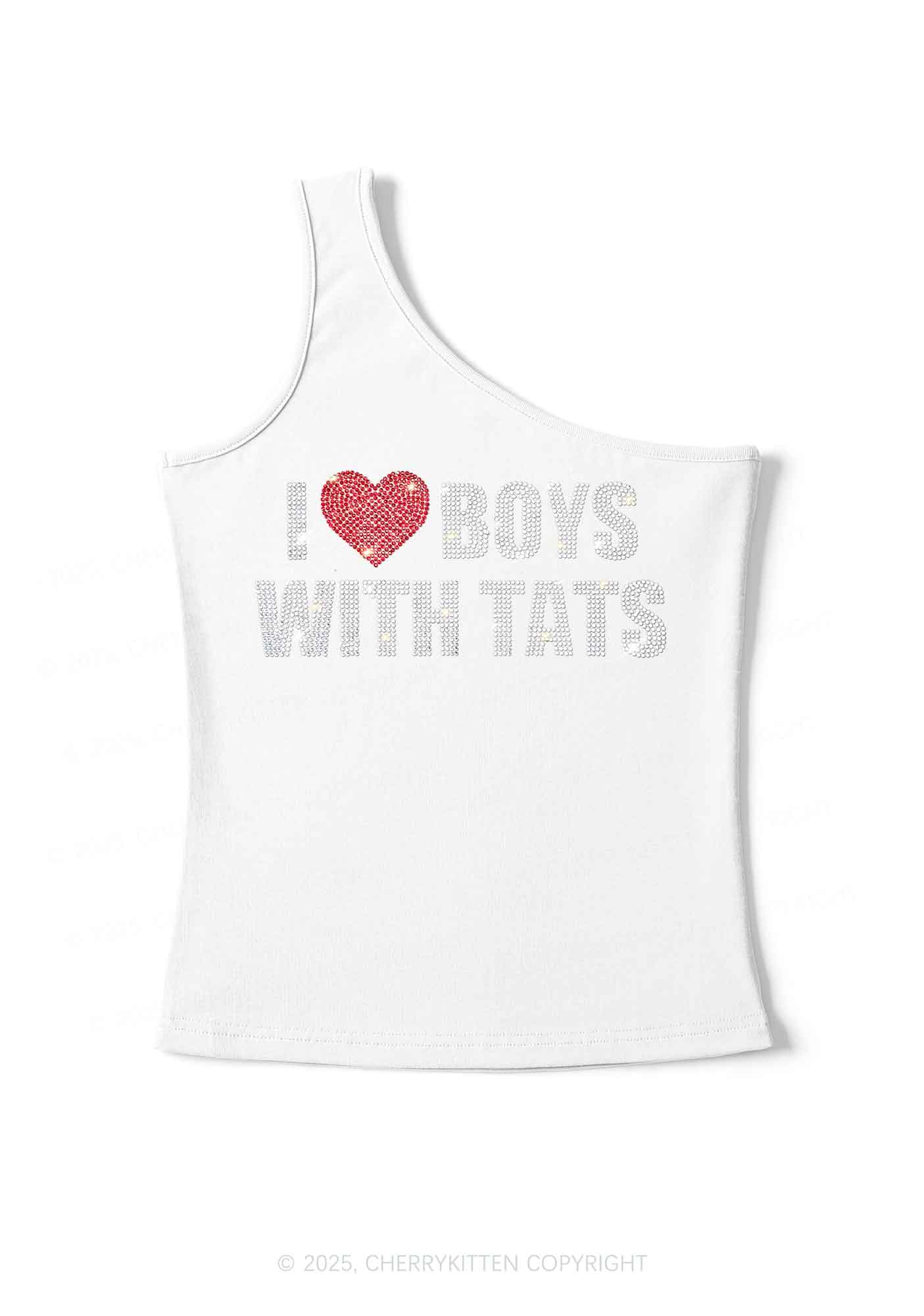 Rhinestone I Love Boys With Tats Y2K One Shoulder Tank Top Cherrykitten