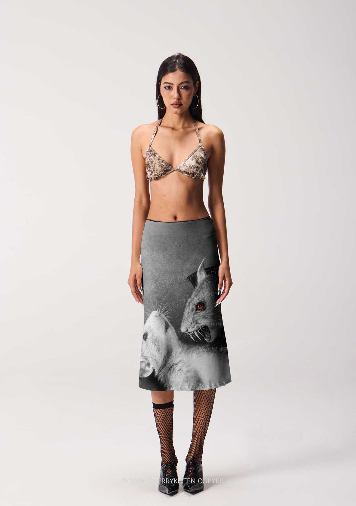 Halloween Vampire Rat Y2K Print Midi Skirt Cherrykitten