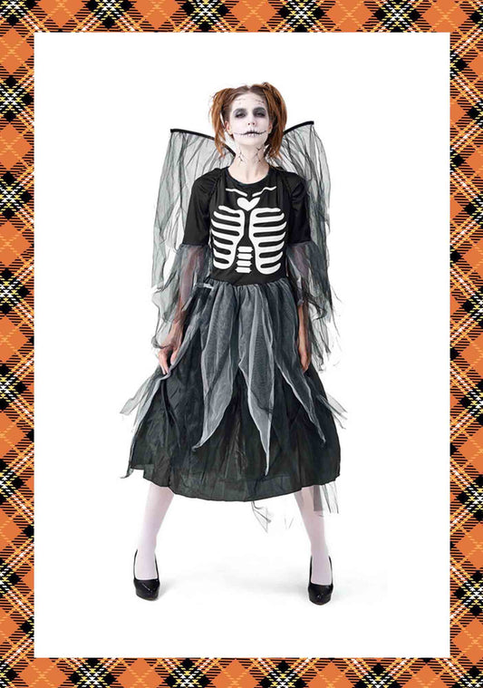 Skeleton Print Mesh Dress Y2K Halloween Cosplay Costume