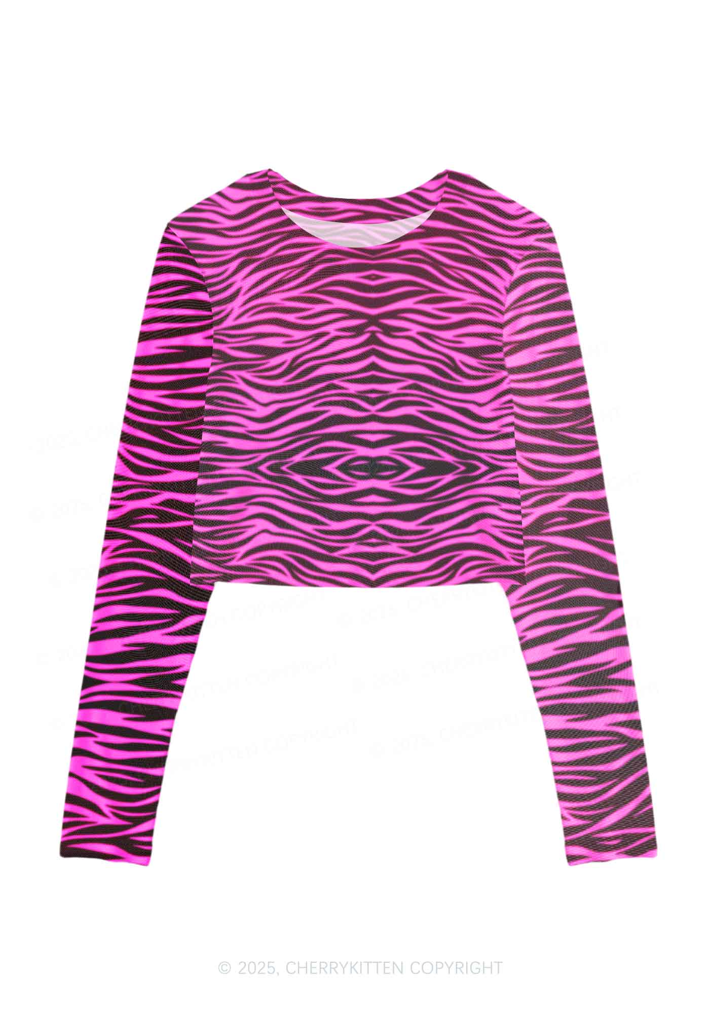 Pink Zebra Y2K Mesh Long Sleeve Crop Top Cherrykitten