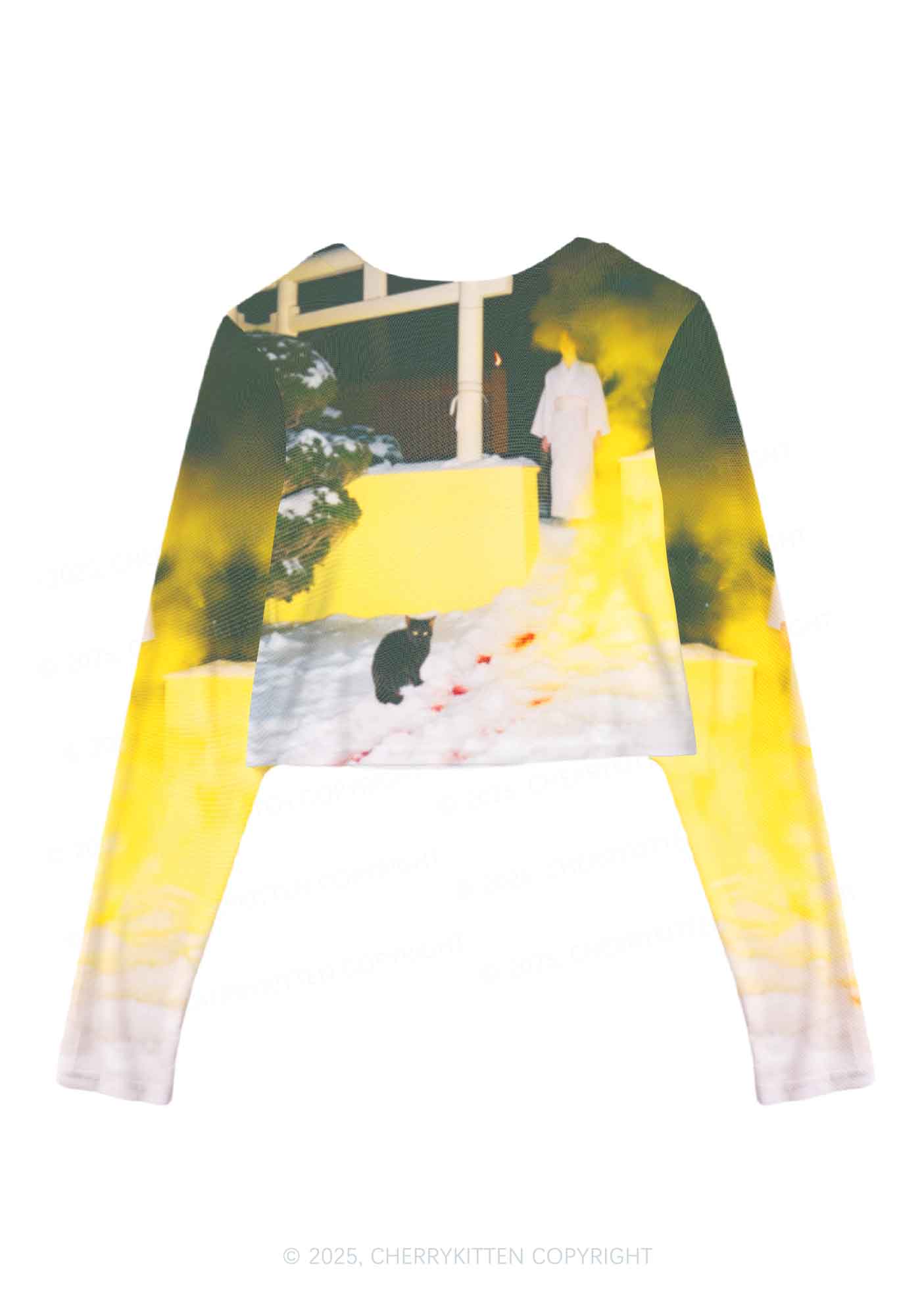 Snow Cat Y2K Mesh Long Sleeve Crop Top Cherrykitten