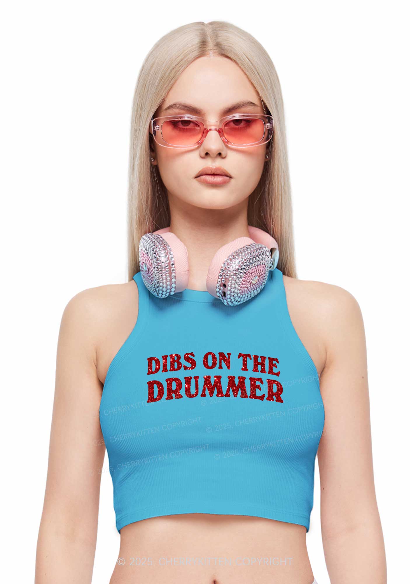Glitter Dibs On The Drummer Y2K Crop Tank Top Cherrykitten