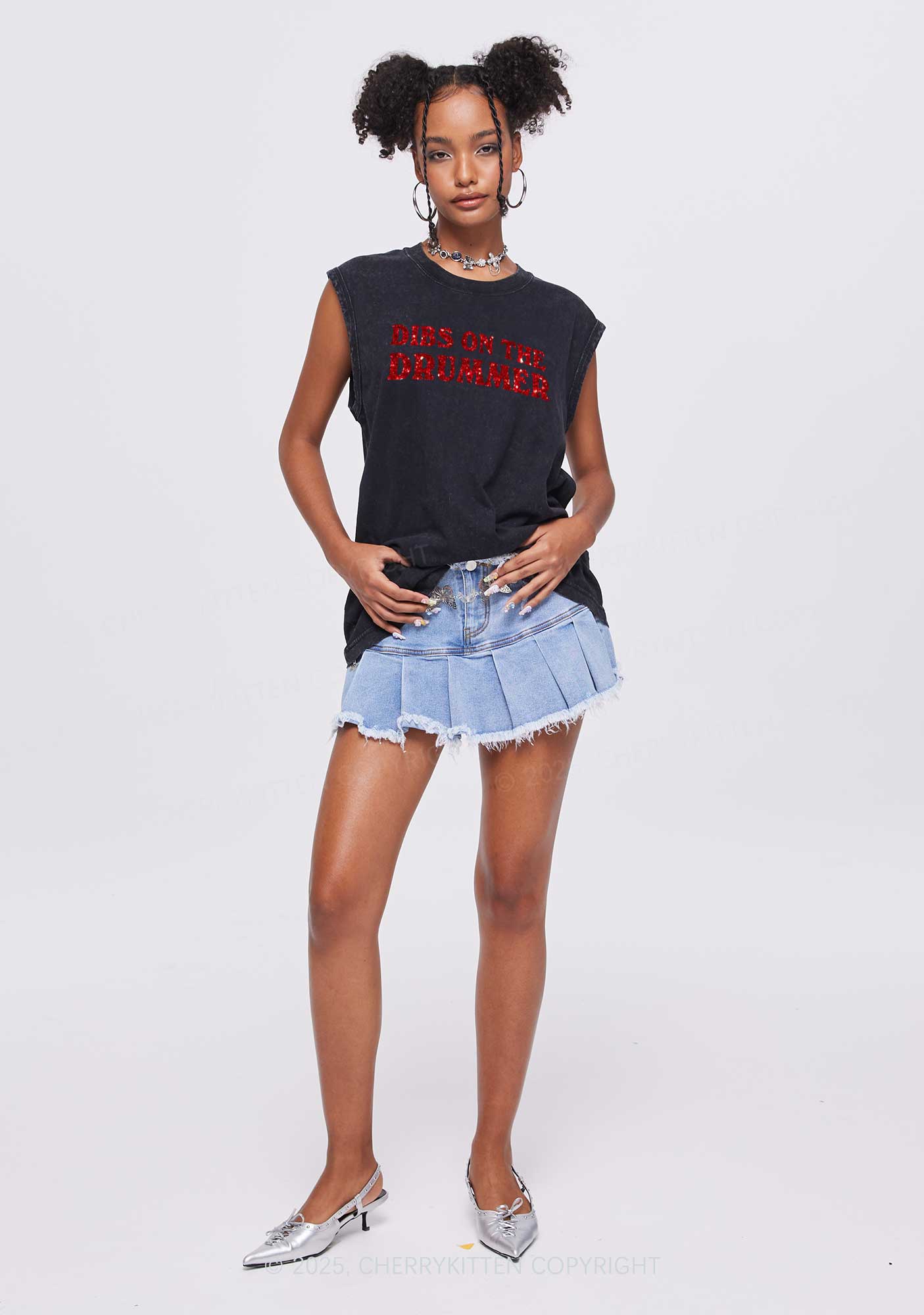 Glitter Dibs On The Drummer Y2K Washed Muscle Tank Cherrykitten