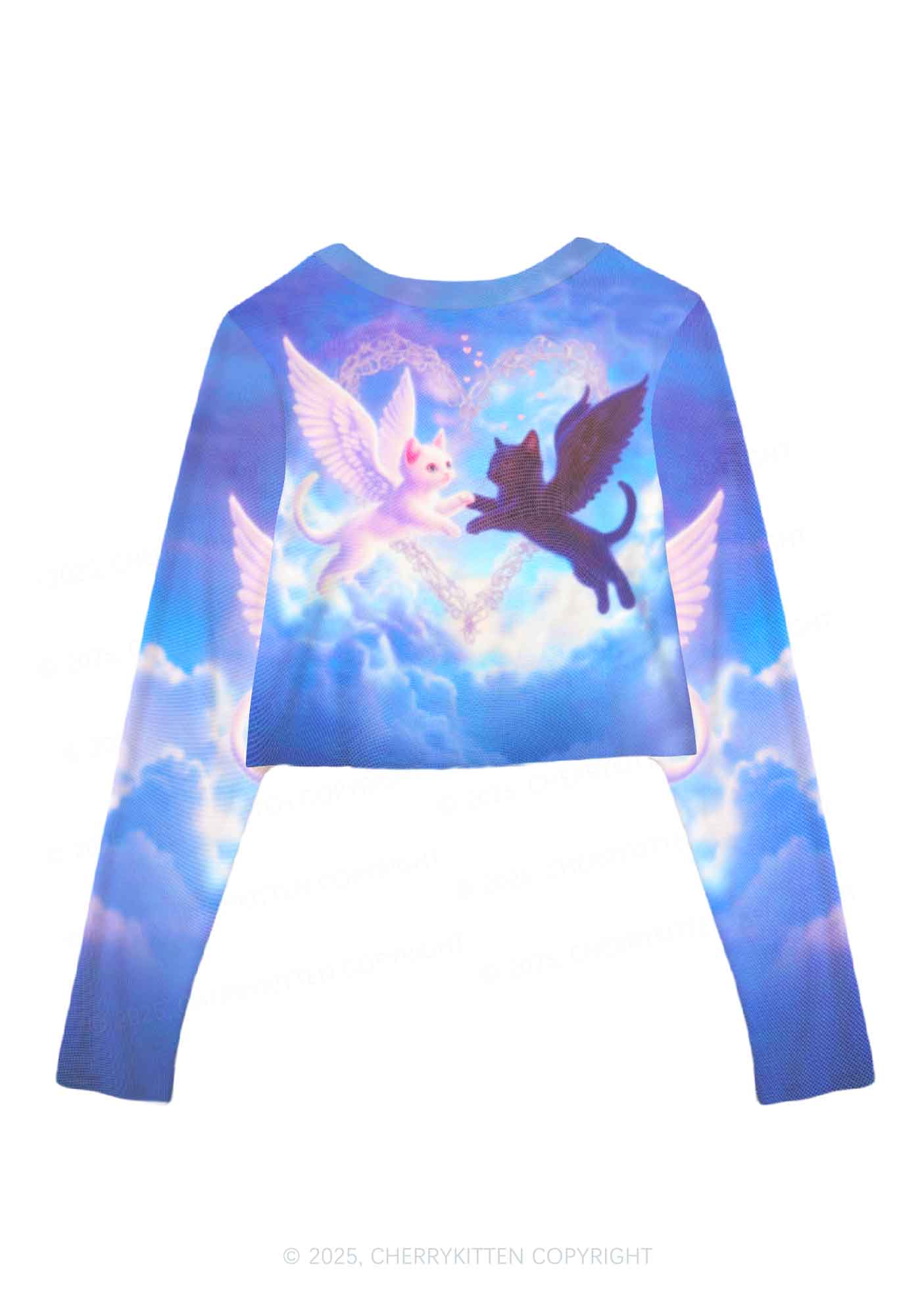 Cat Angel Y2K Mesh Long Sleeve Crop Top Cherrykitten