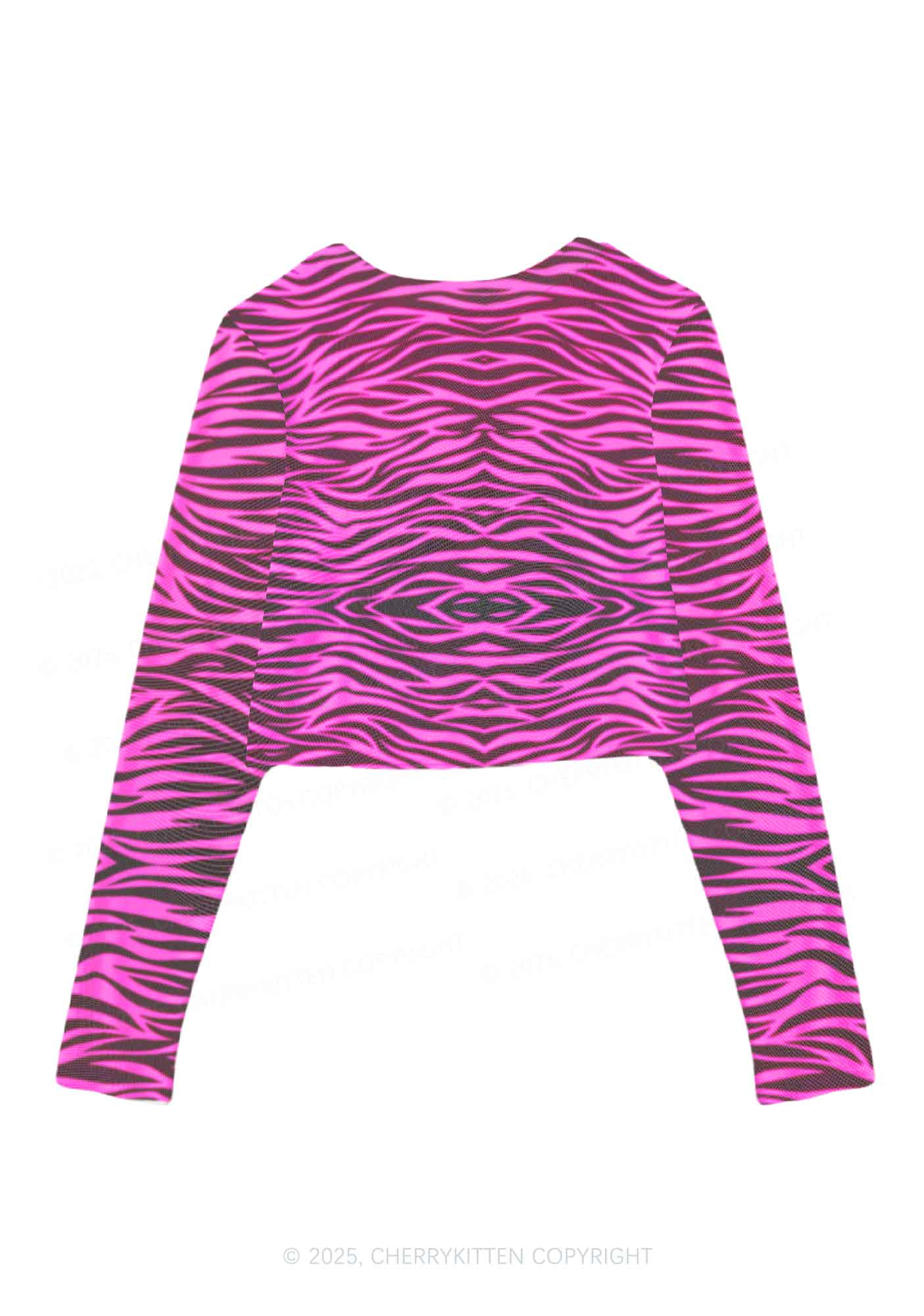 Pink Zebra Y2K Mesh Long Sleeve Crop Top Cherrykitten