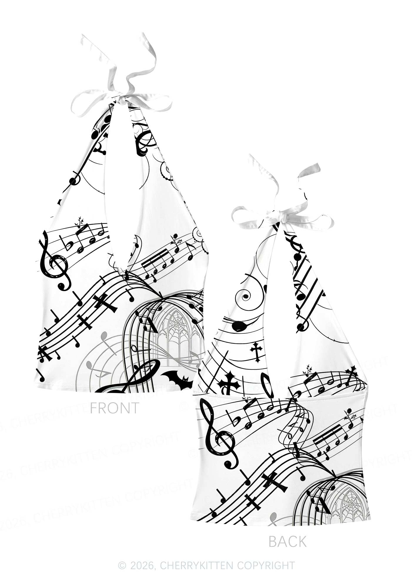 Halloween Gothic Music Note Cross Bat Y2K Print Halter Deep V Neck Cami Cherrykitten