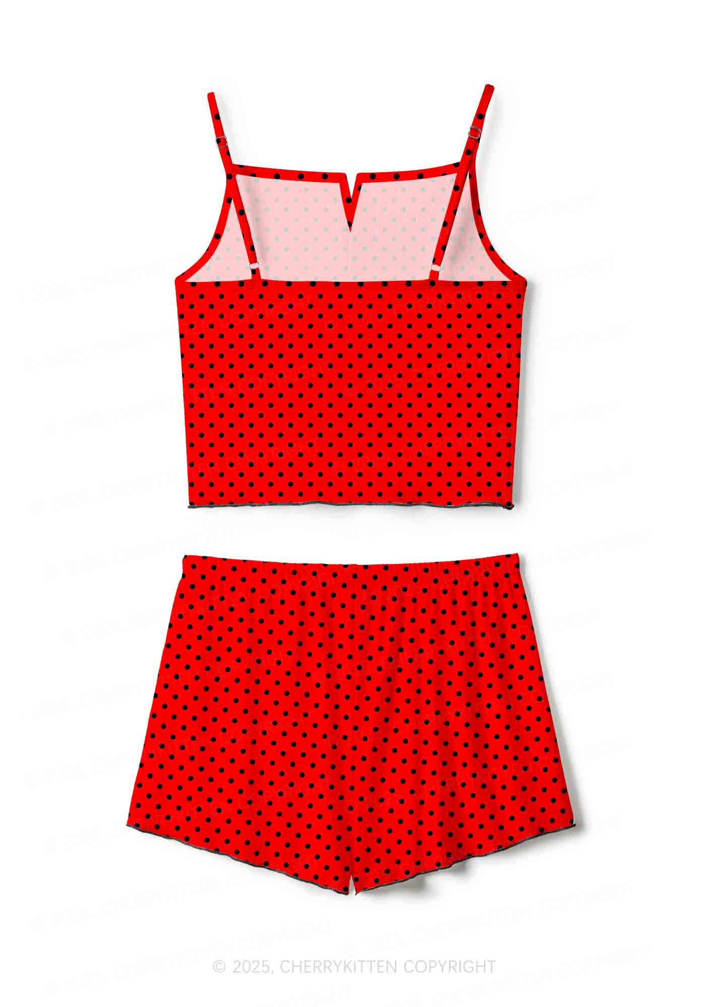 Black Dots On Red Valentine's Day Y2K Print Cami Shorts Pajama Set Cherrykitten