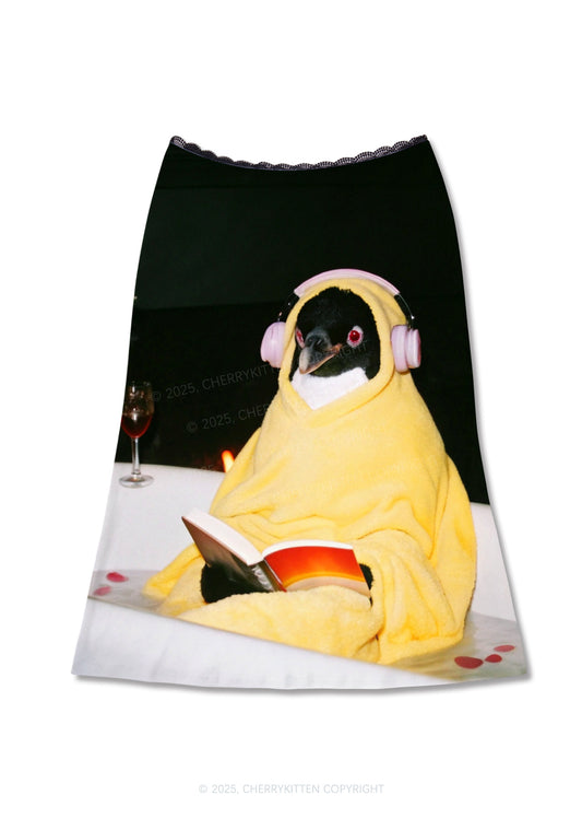 Penguin Bathing Y2K Print Midi Skirt Cherrykitten