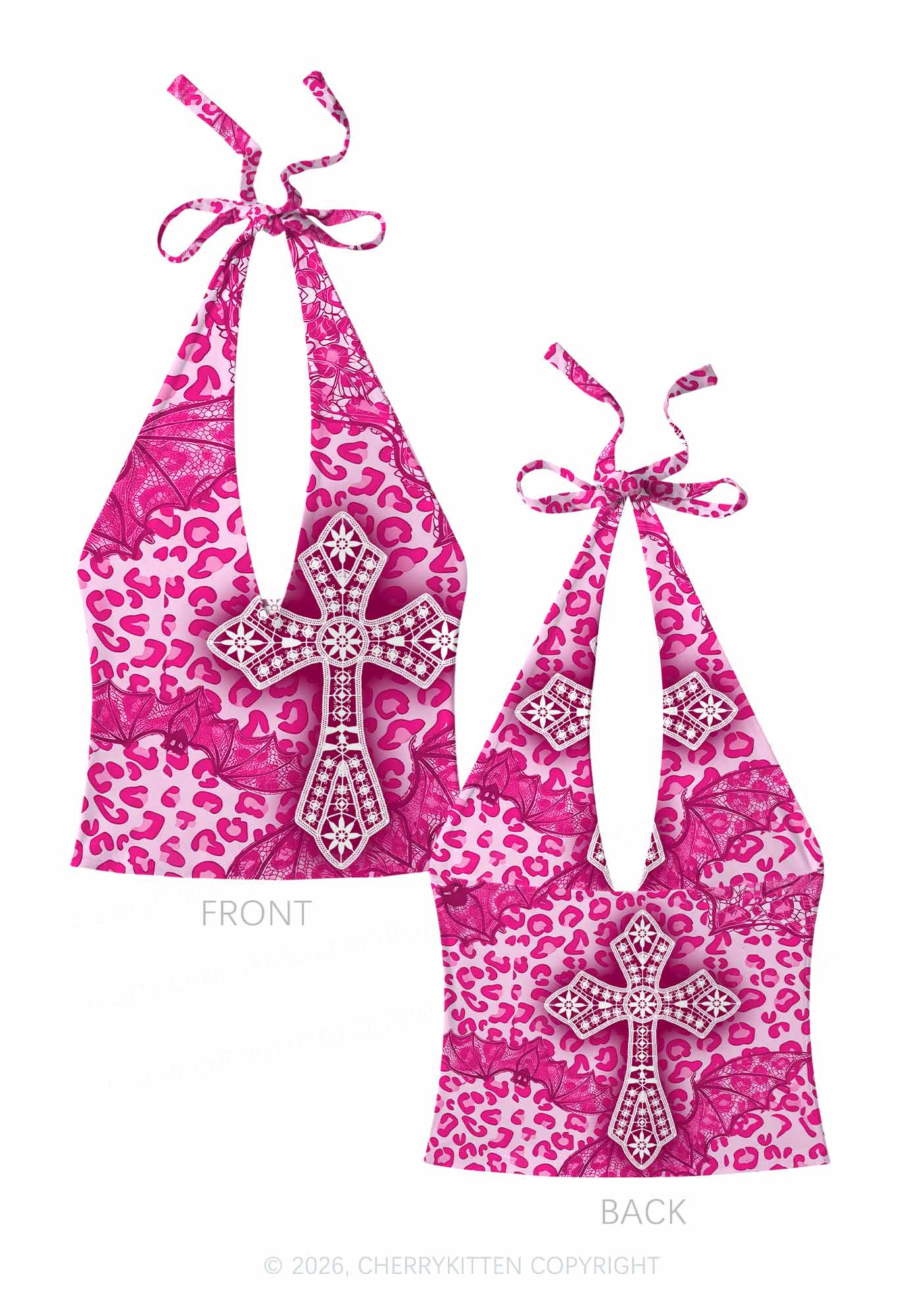 Halloween Pink Leopard Bat Cross Y2K Print Halter Deep V Neck Cami Cherrykitten