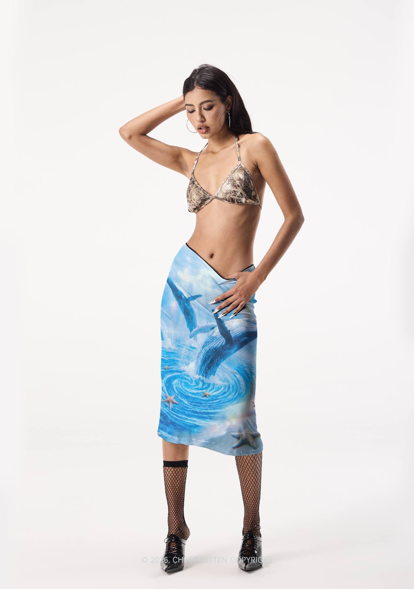 Whale Starfish Y2K Print Midi Skirt Cherrykitten
