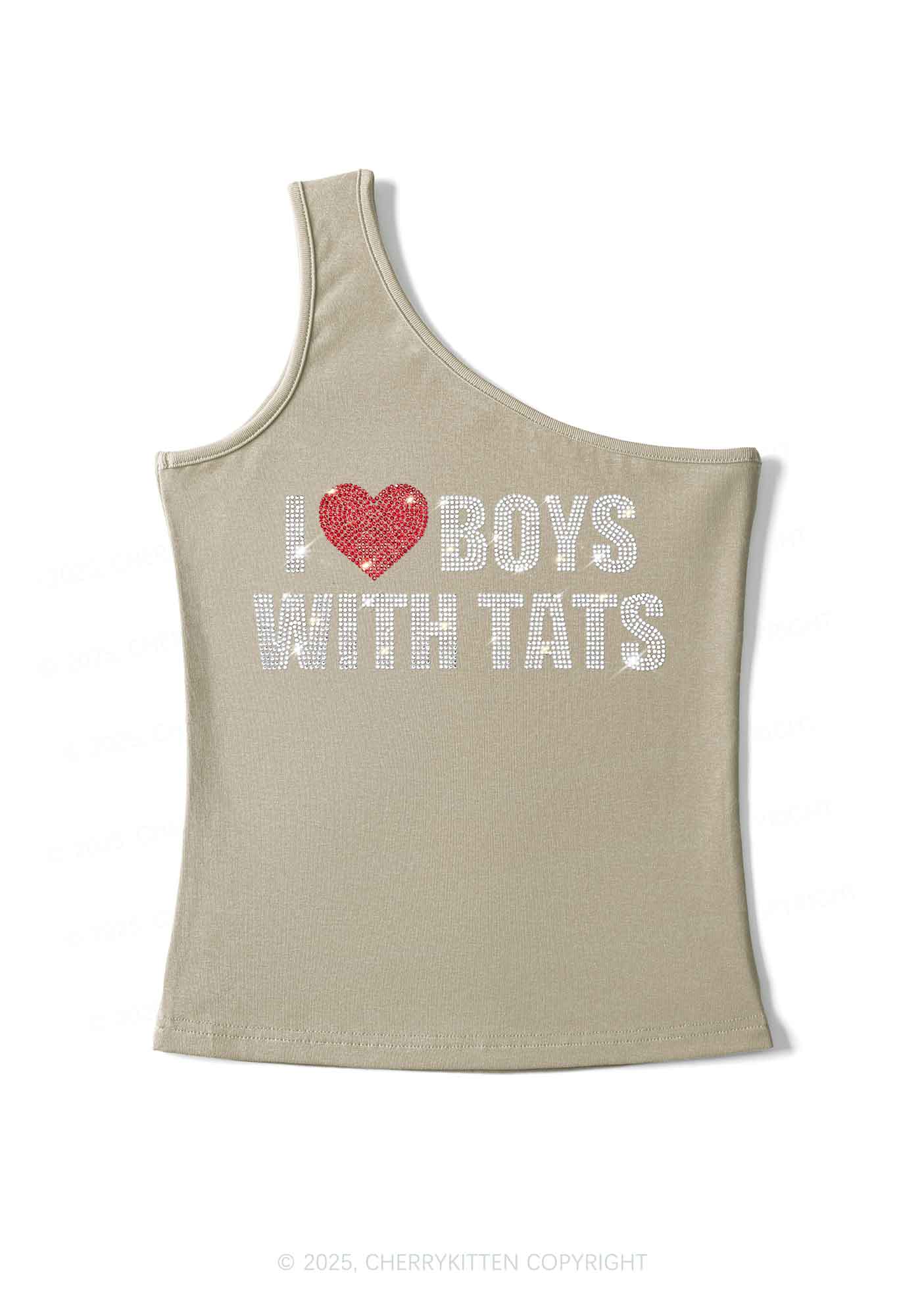 Rhinestone I Love Boys With Tats Y2K One Shoulder Tank Top Cherrykitten