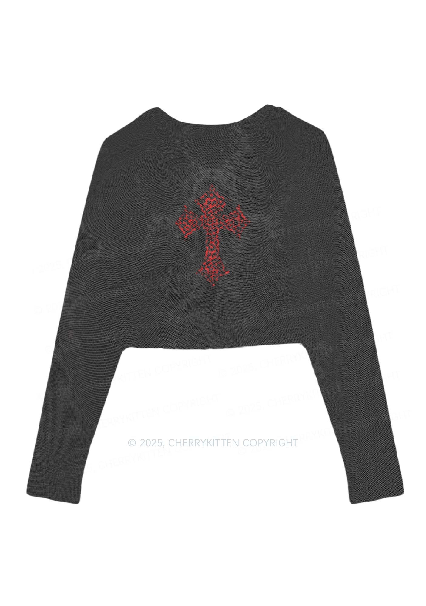 Dark Leopard Cross Y2K Mesh Long Sleeve Crop Top Cherrykitten