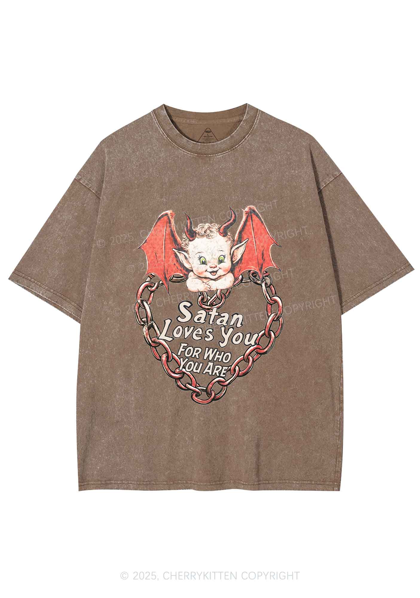 Satan Loves You Y2K Shirts Washed Tee Cherrykitten