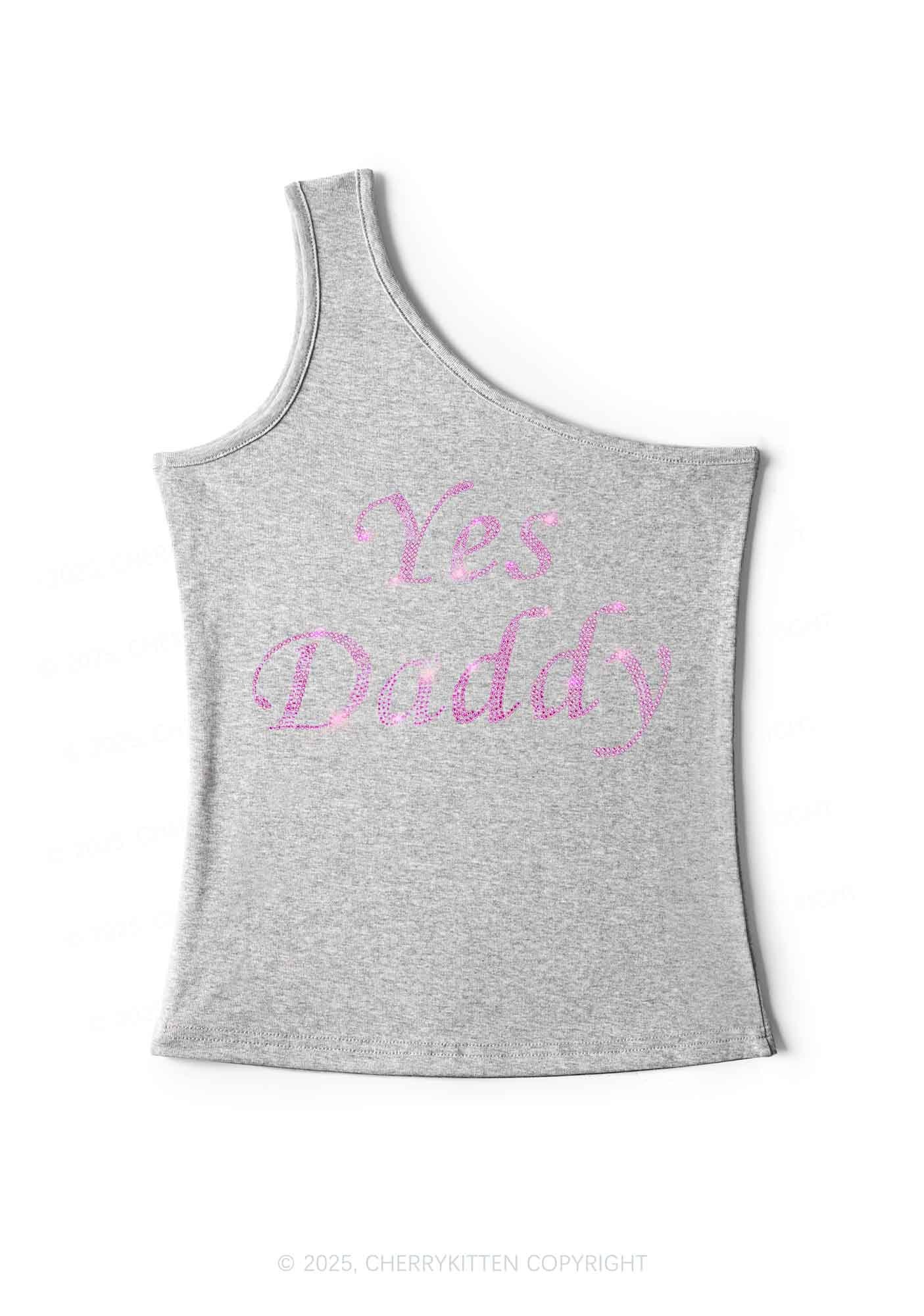 Rhinestone Yes Daddy Y2K One Shoulder Tank Top Cherrykitten