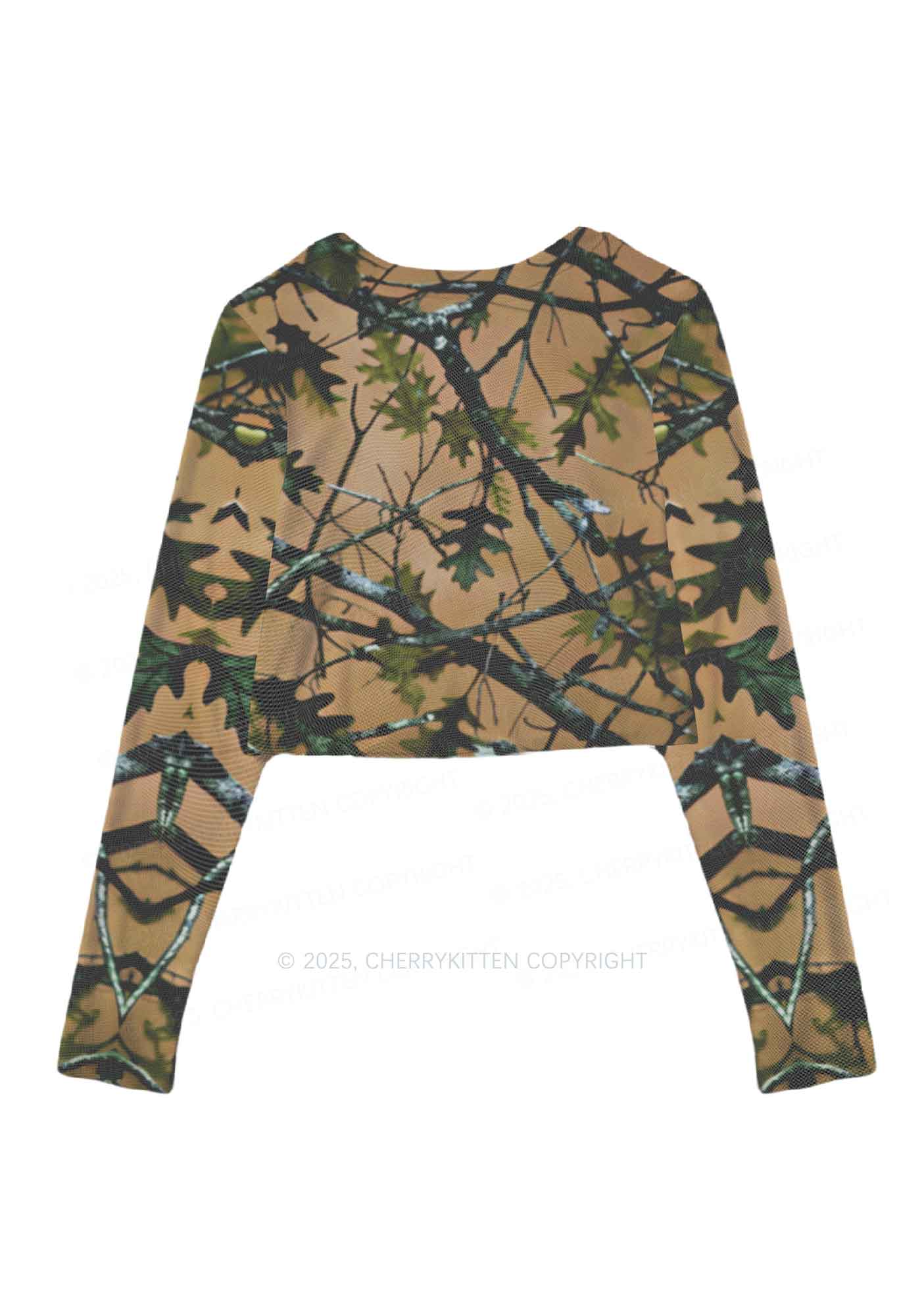 Branches Camouflage Y2K Mesh Long Sleeve Crop Top Cherrykitten