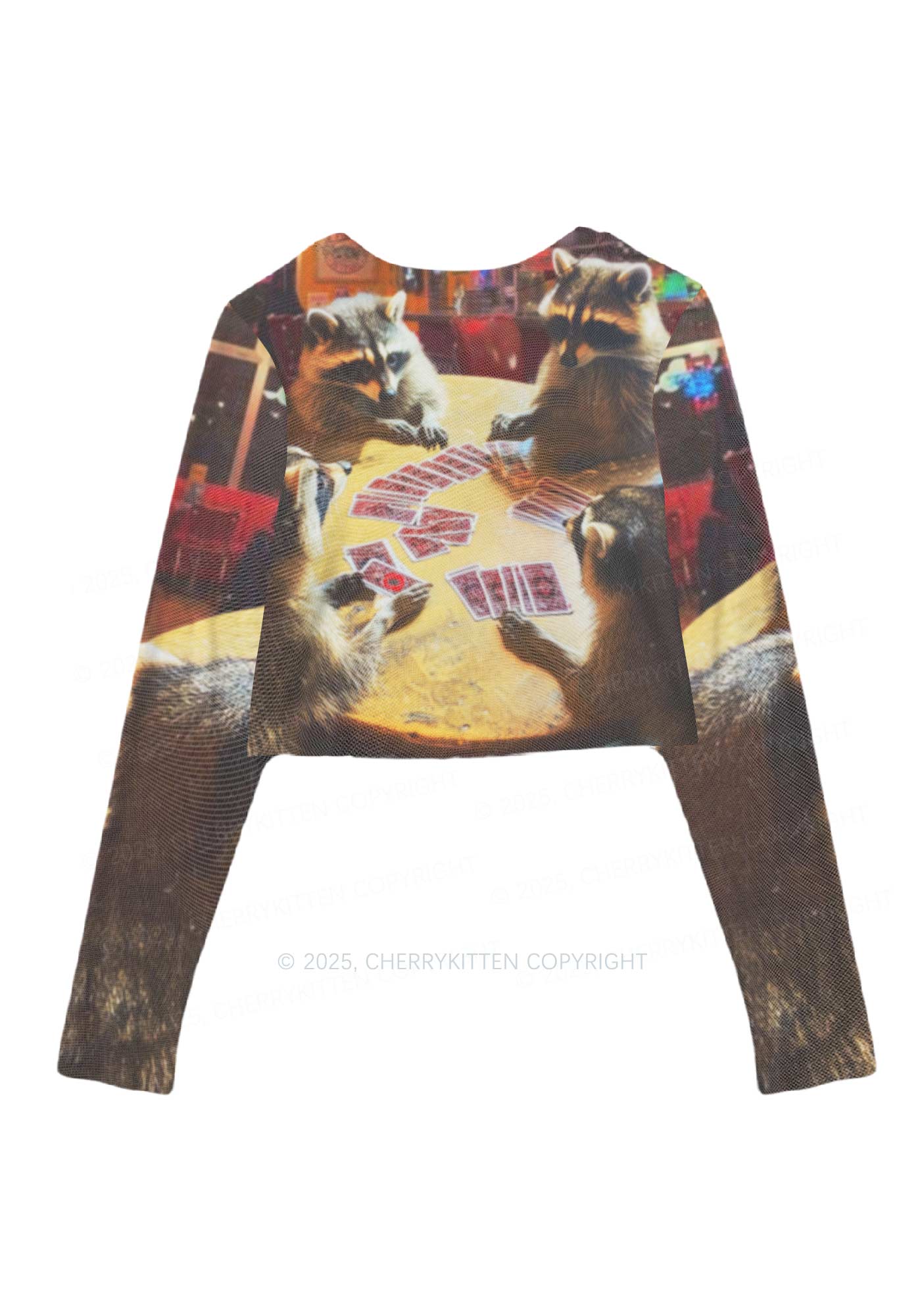 Raccoon Poker Y2K Mesh Long Sleeve Crop Top Cherrykitten