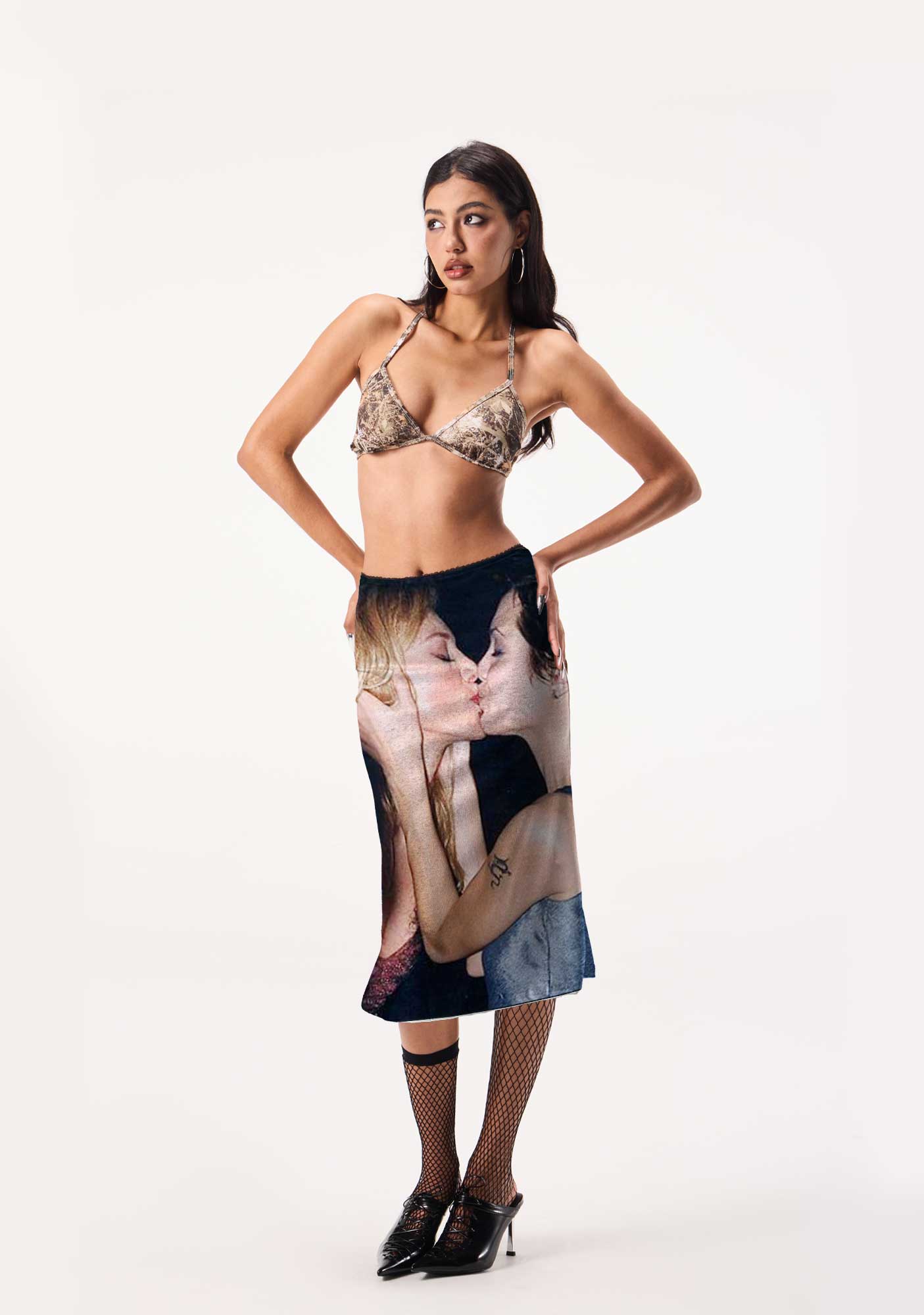 Girl Kissing Pride Angelina Y2K Print Midi Skirt Cherrykitten