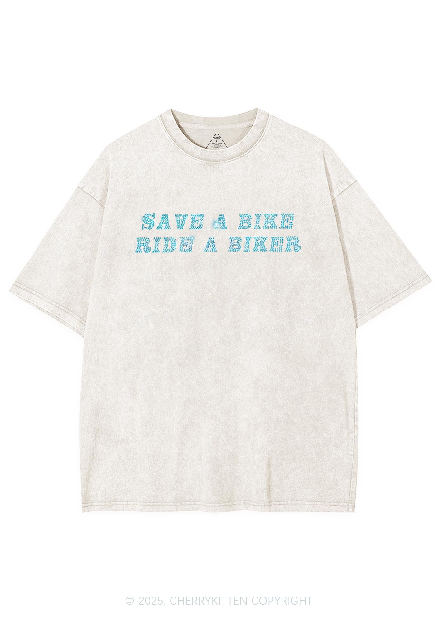 Rhinestone Save Bike Ride Biker Y2K Shirts Washed Tee Cherrykitten