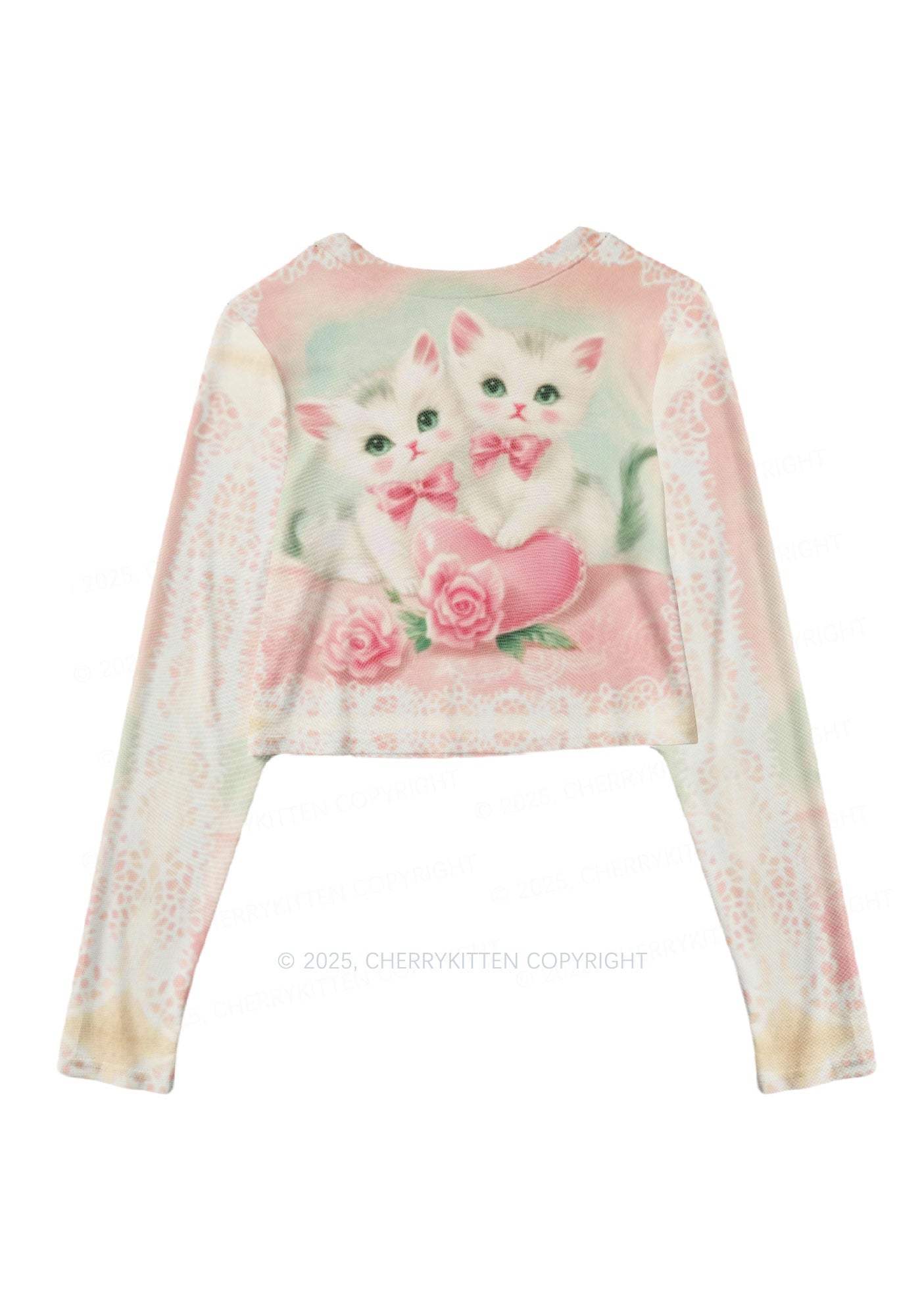 Rose Kitties Y2K Mesh Long Sleeve Crop Top Cherrykitten