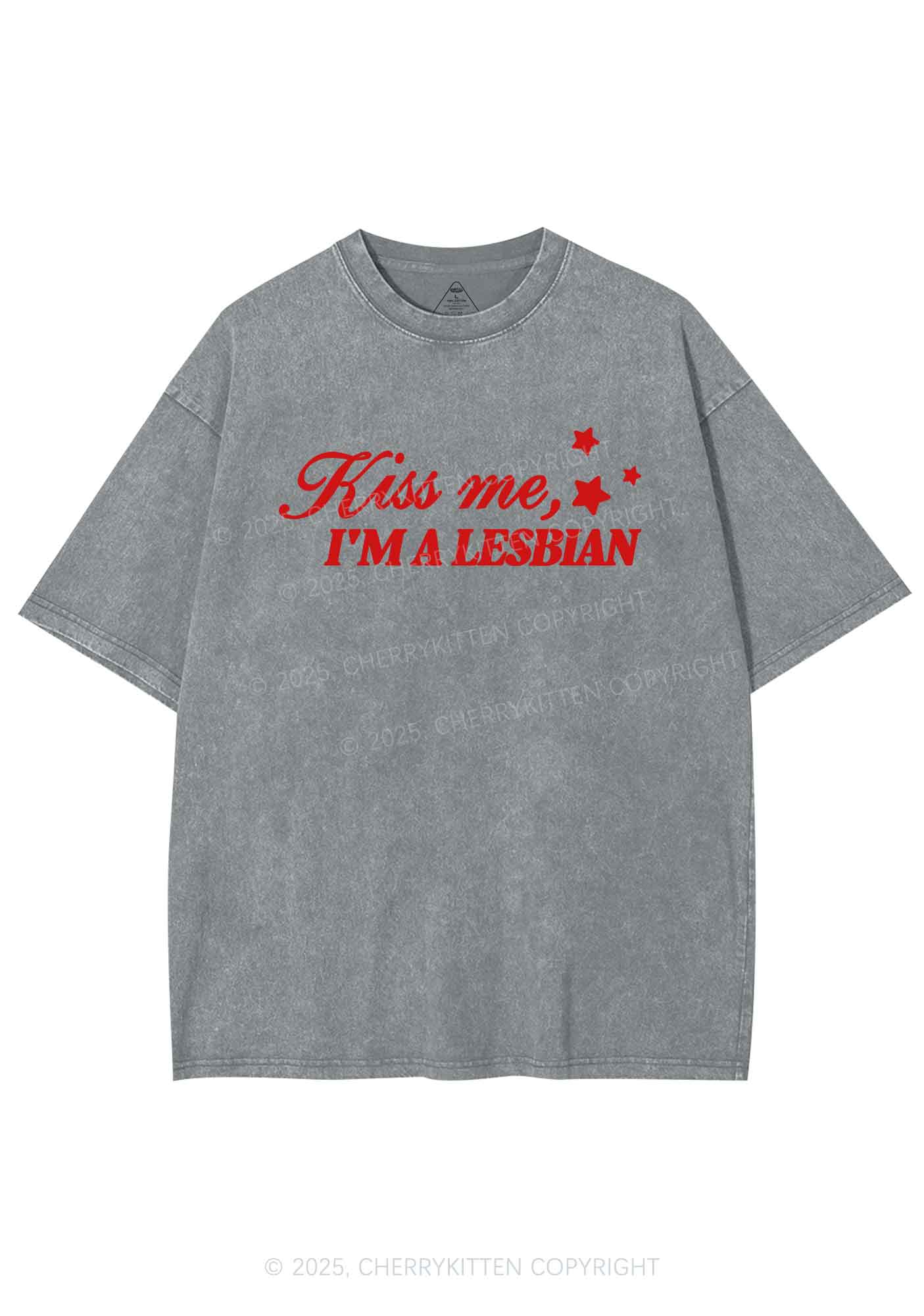 Kiss Me Im Lesbian Pride Y2K Shirts Washed Tee Cherrykitten