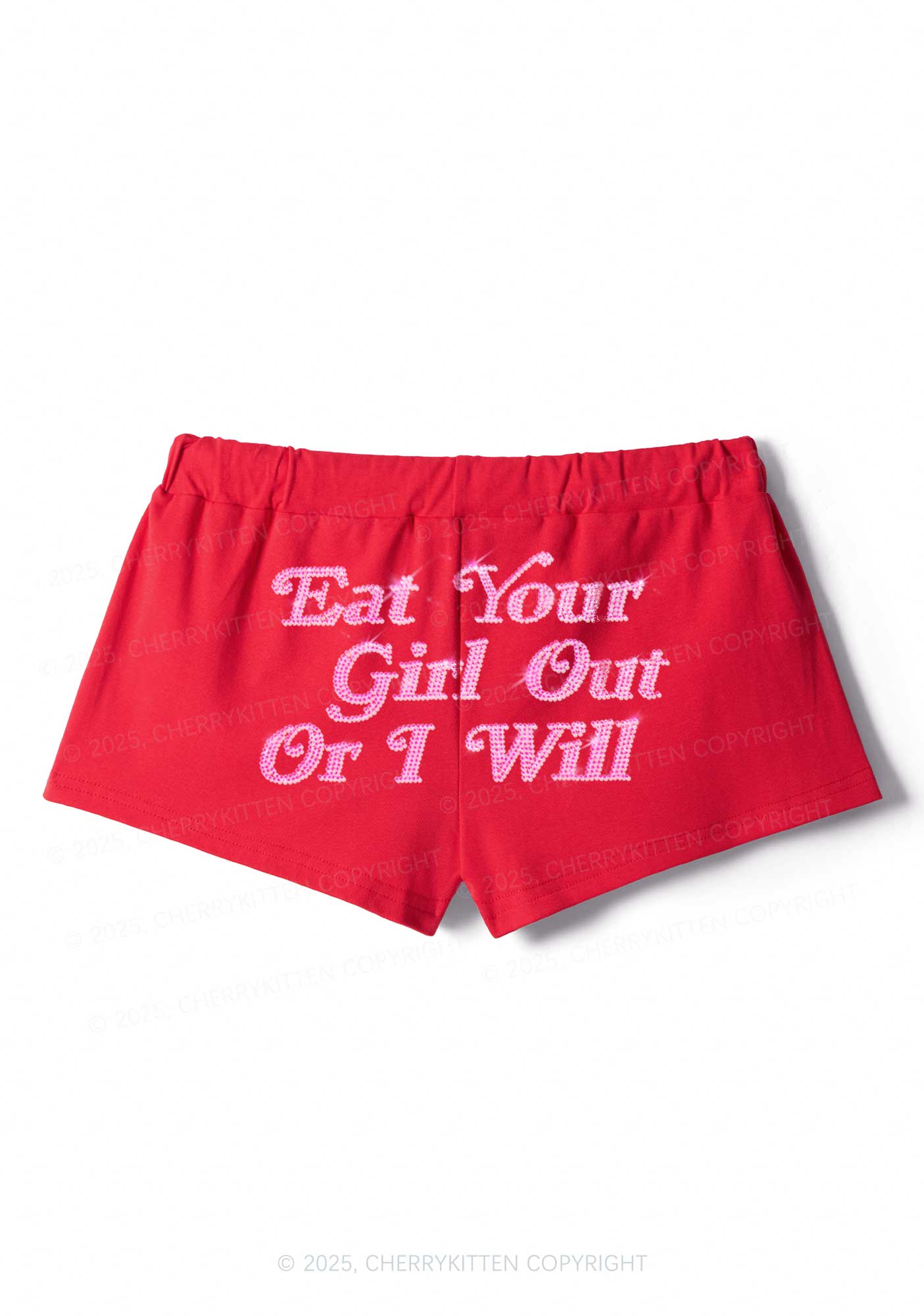 Rhinestone Eat Your Girl Out Y2K Drawstring Mini Shorts Cherrykitten