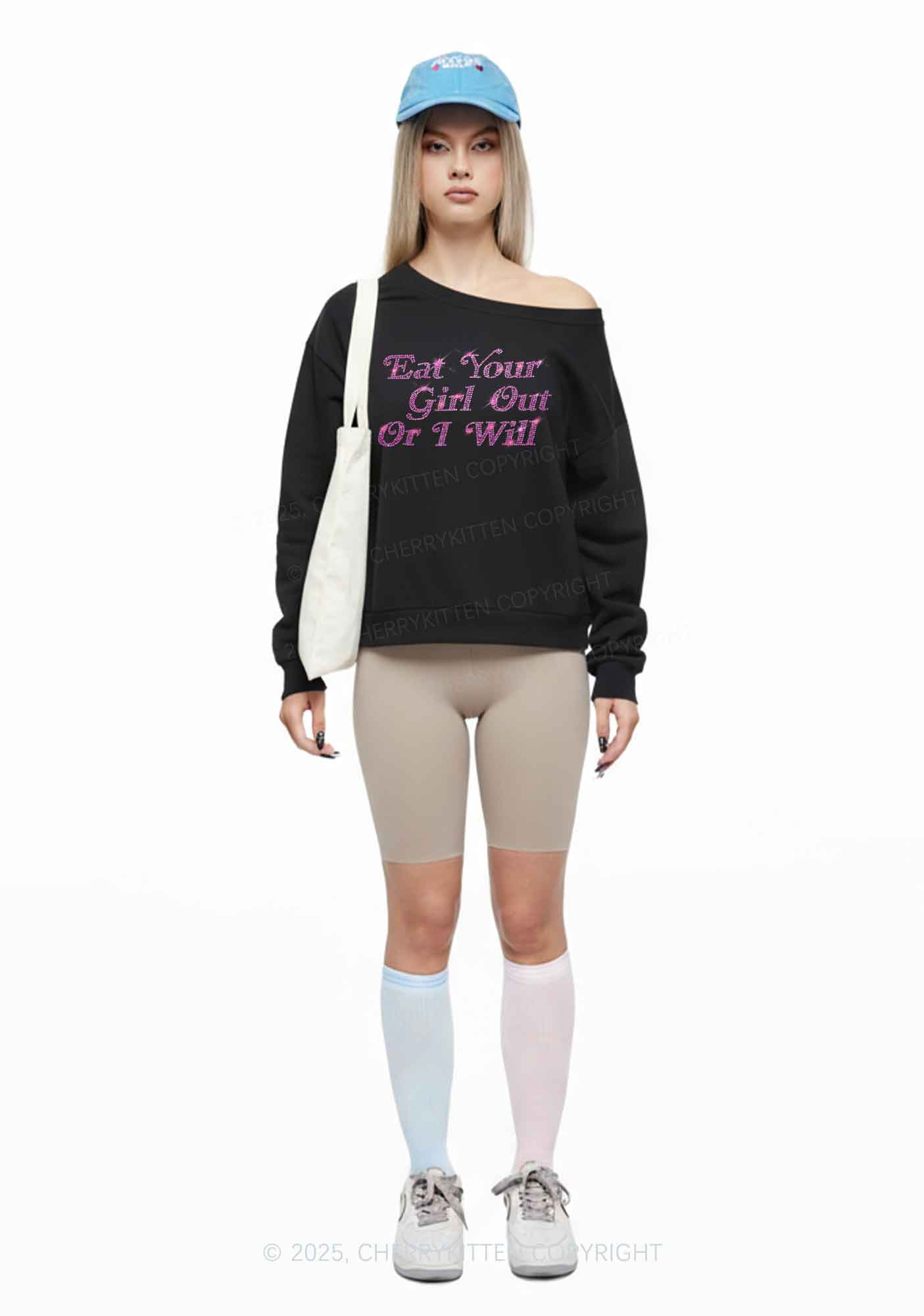 Rhinestone Eat Your Girl Out Y2K Off Shoulder Sweatshirts Cherrykitten