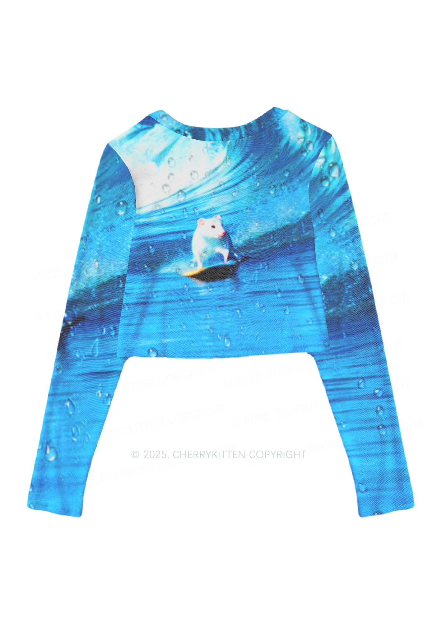 Surfing Mouse Y2K Mesh Long Sleeve Crop Top Cherrykitten