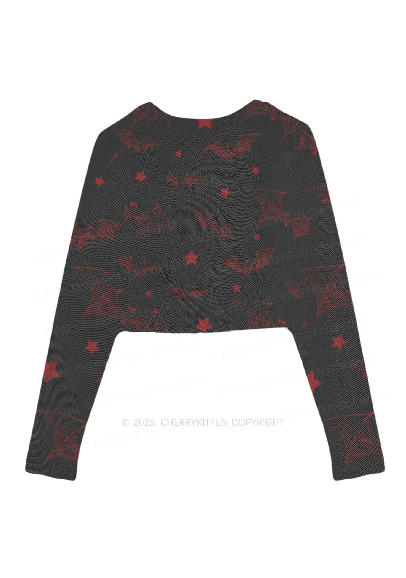 Bat And Star Y2K Mesh Long Sleeve Crop Top Cherrykitten