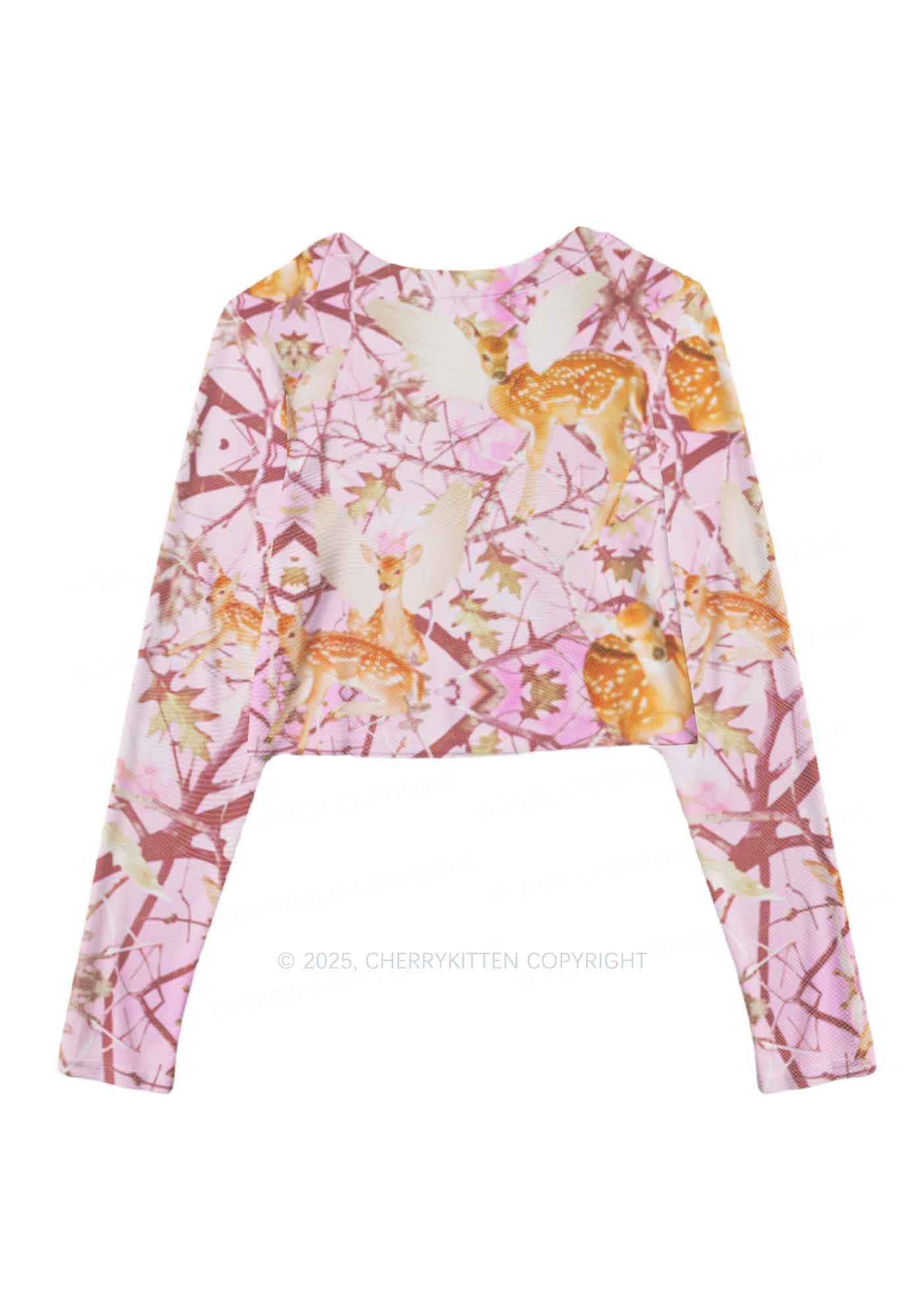 Pink Wood Deer Y2K Mesh Long Sleeve Crop Top Cherrykitten