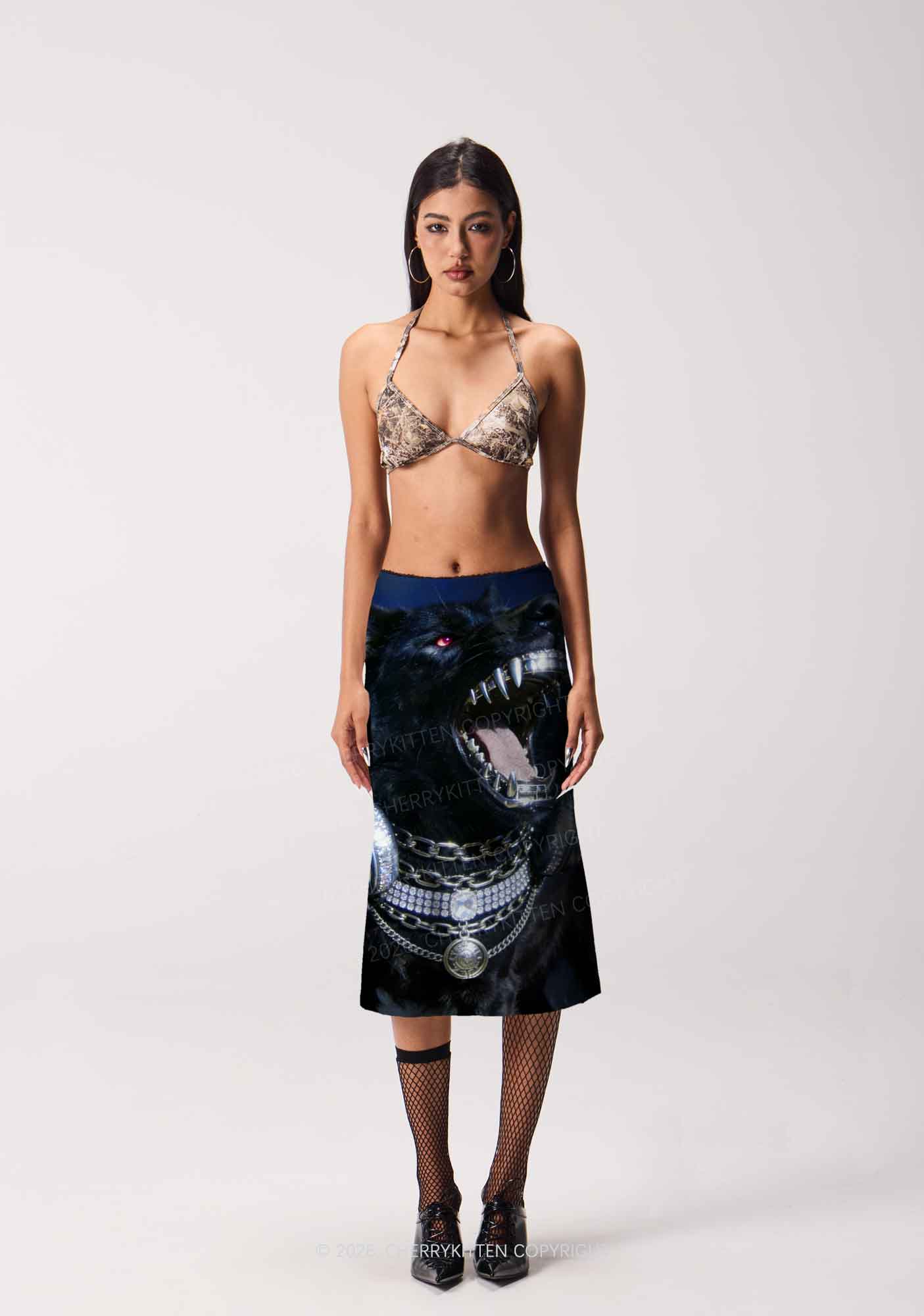 Hip Hop Black Wolf Y2K Print Midi Skirt Cherrykitten