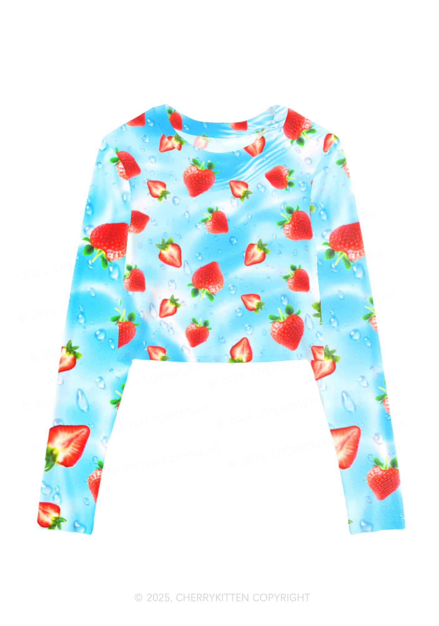 Blue Strawberry Y2K Mesh Long Sleeve Crop Top Cherrykitten