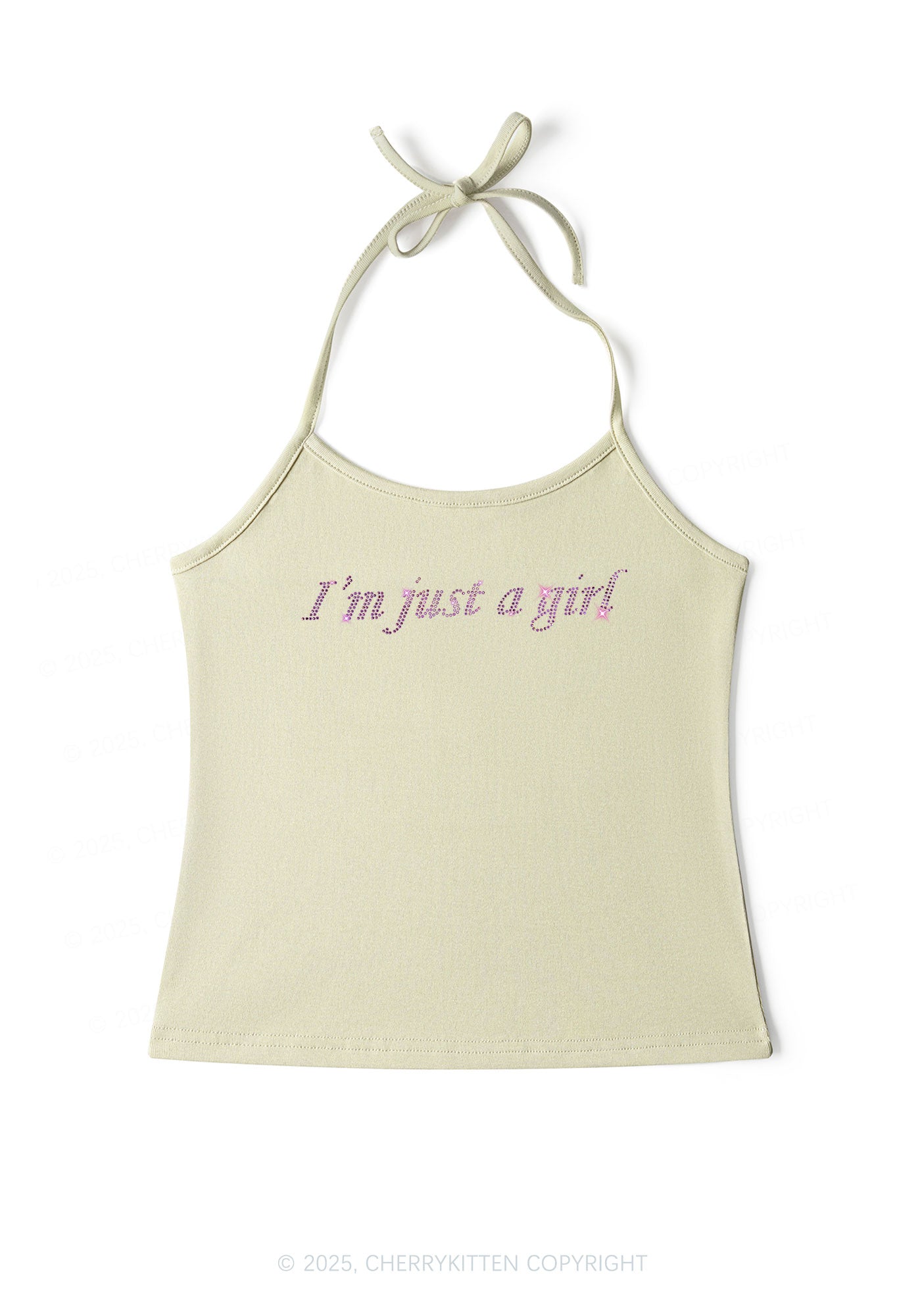 Rhinestone Just A Girl Y2K Halter Neck Cami Cherrykitten