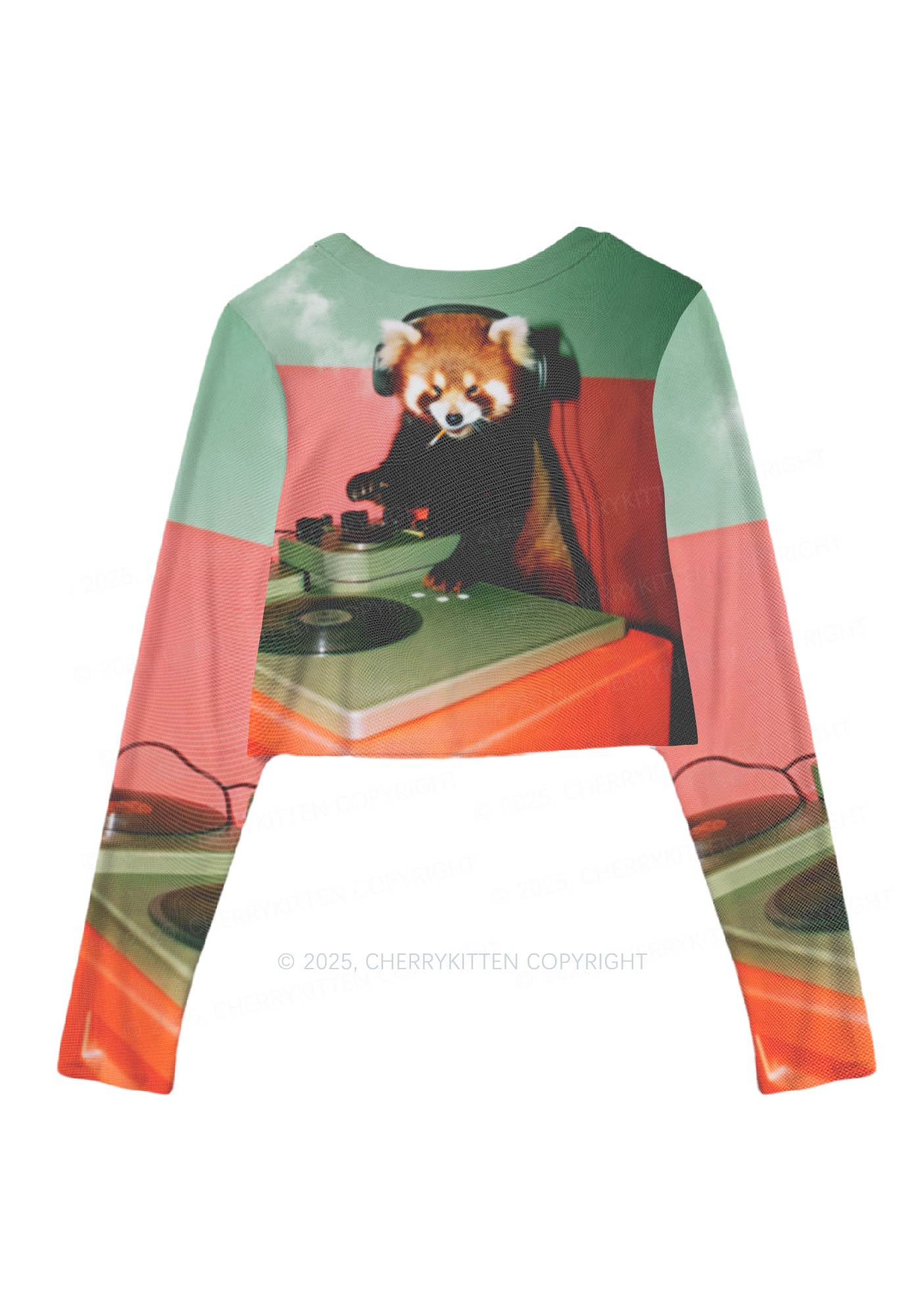 Red Panda Smoke Y2K Mesh Long Sleeve Crop Top Cherrykitten