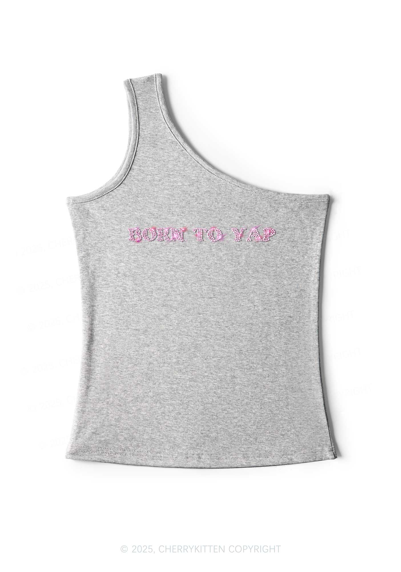 Rhinestone Born To Yap Y2K One Shoulder Tank Top Cherrykitten