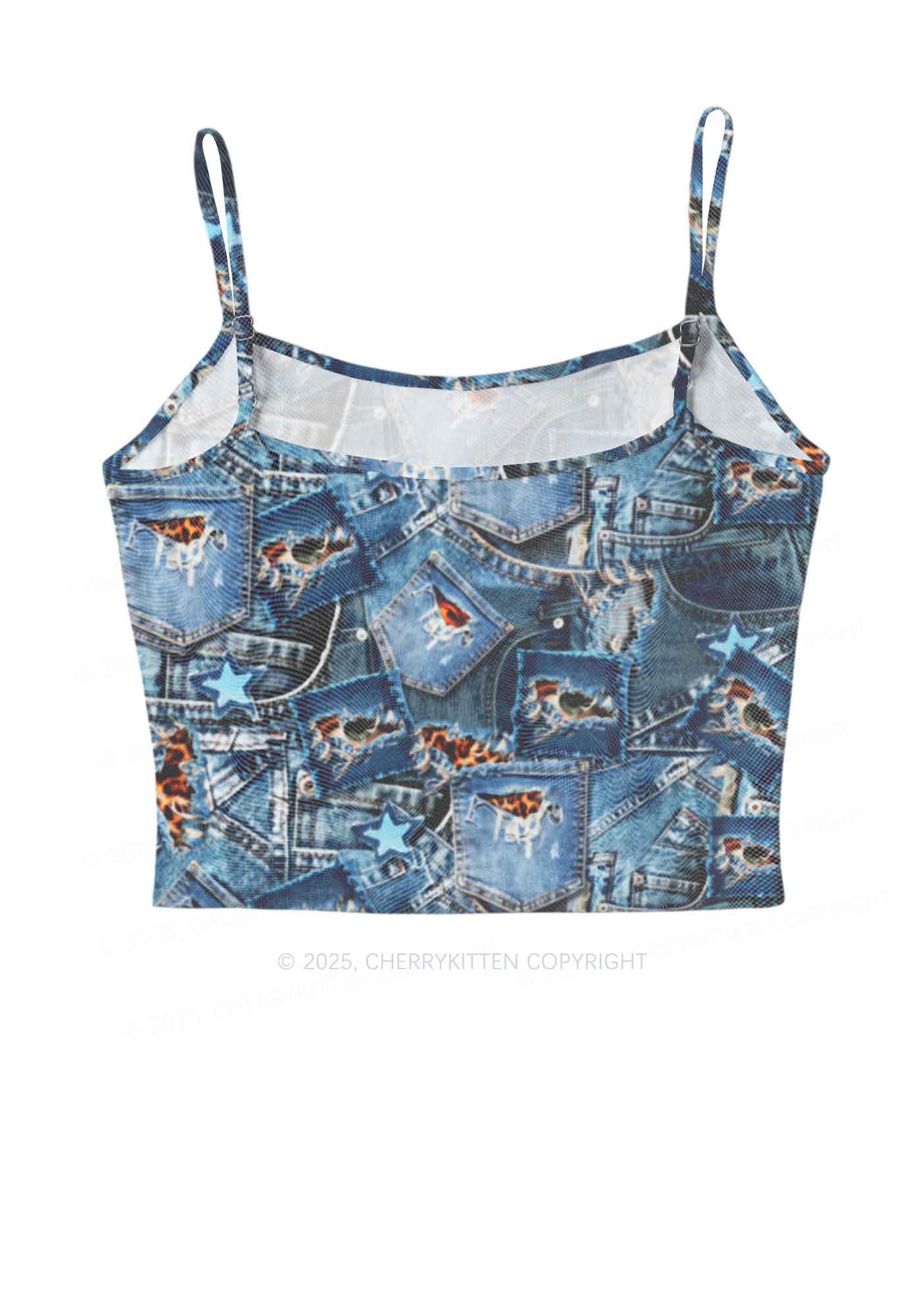 Denim Patchwork Y2K Mesh Cami Tank Cherrykitten