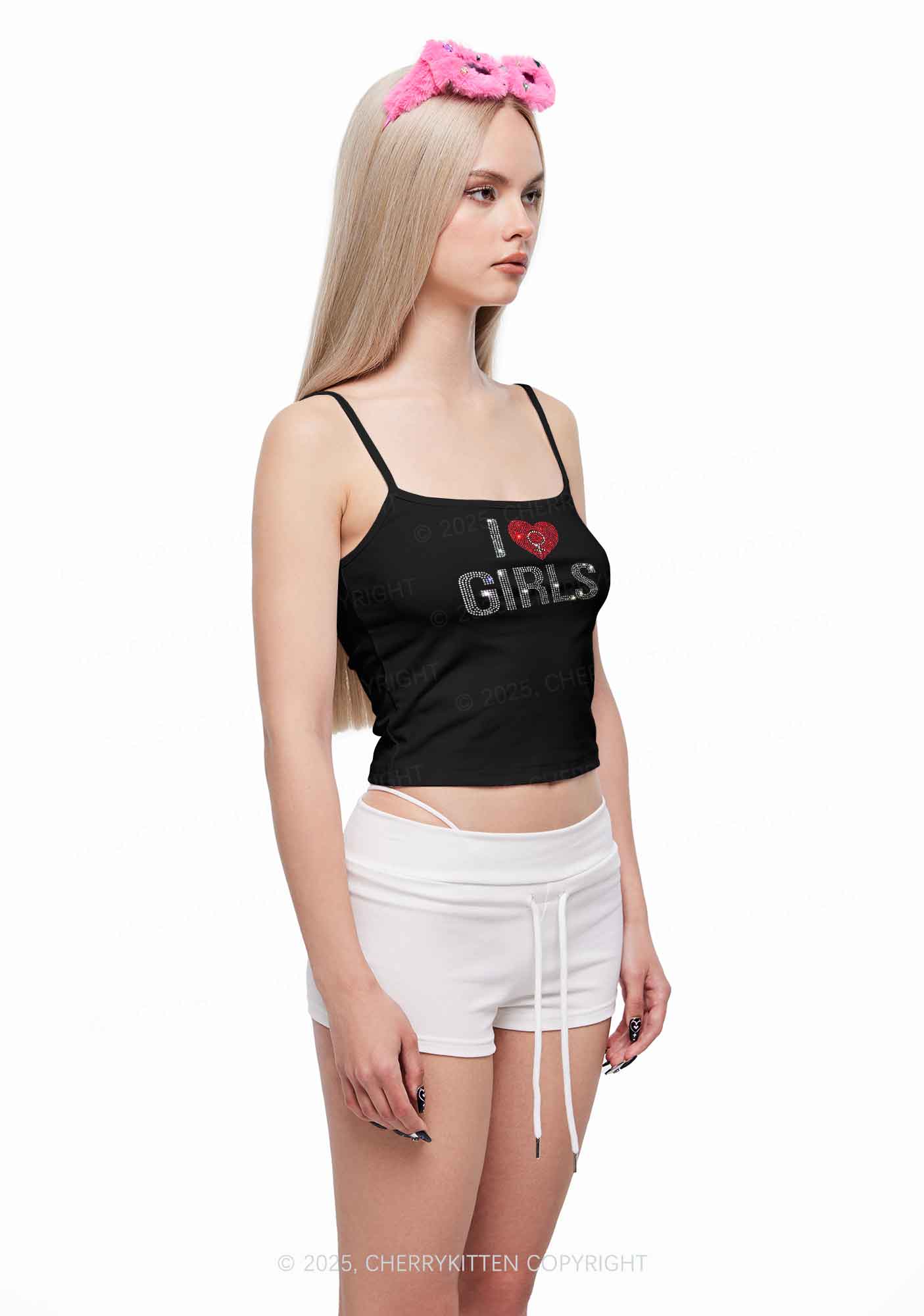 Rhinestone I Love Girls Pride Y2K Spaghetti Strap Cami Cherrykitten