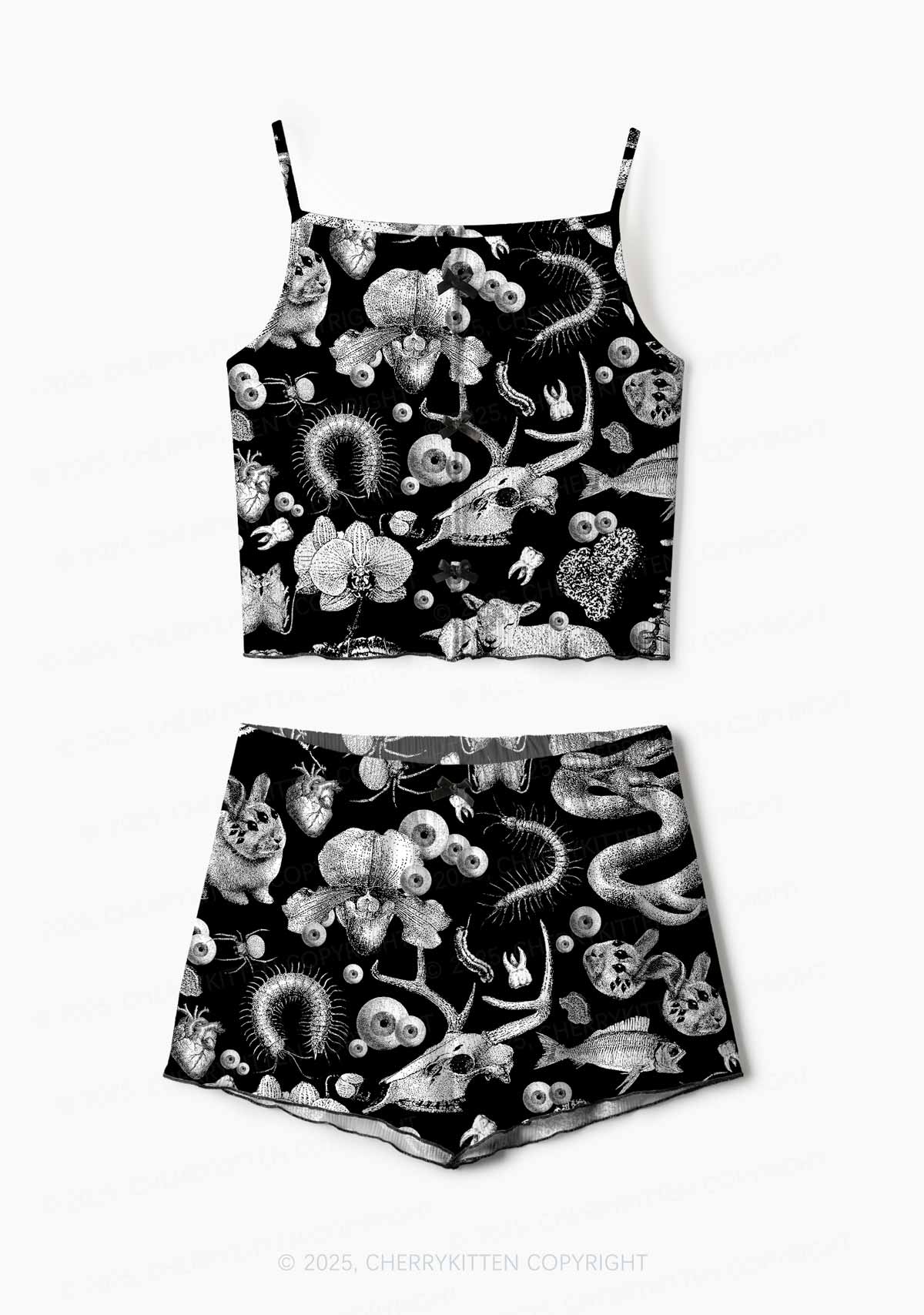 Halloween Dark Sheep Bone Y2K Print Cami Shorts Pajama Set Cherrykitten