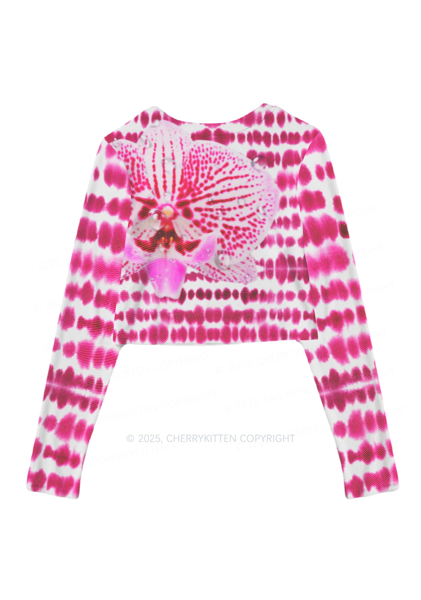 Pink Orchid Dewdrops Y2K Mesh Long Sleeve Crop Top Cherrykitten