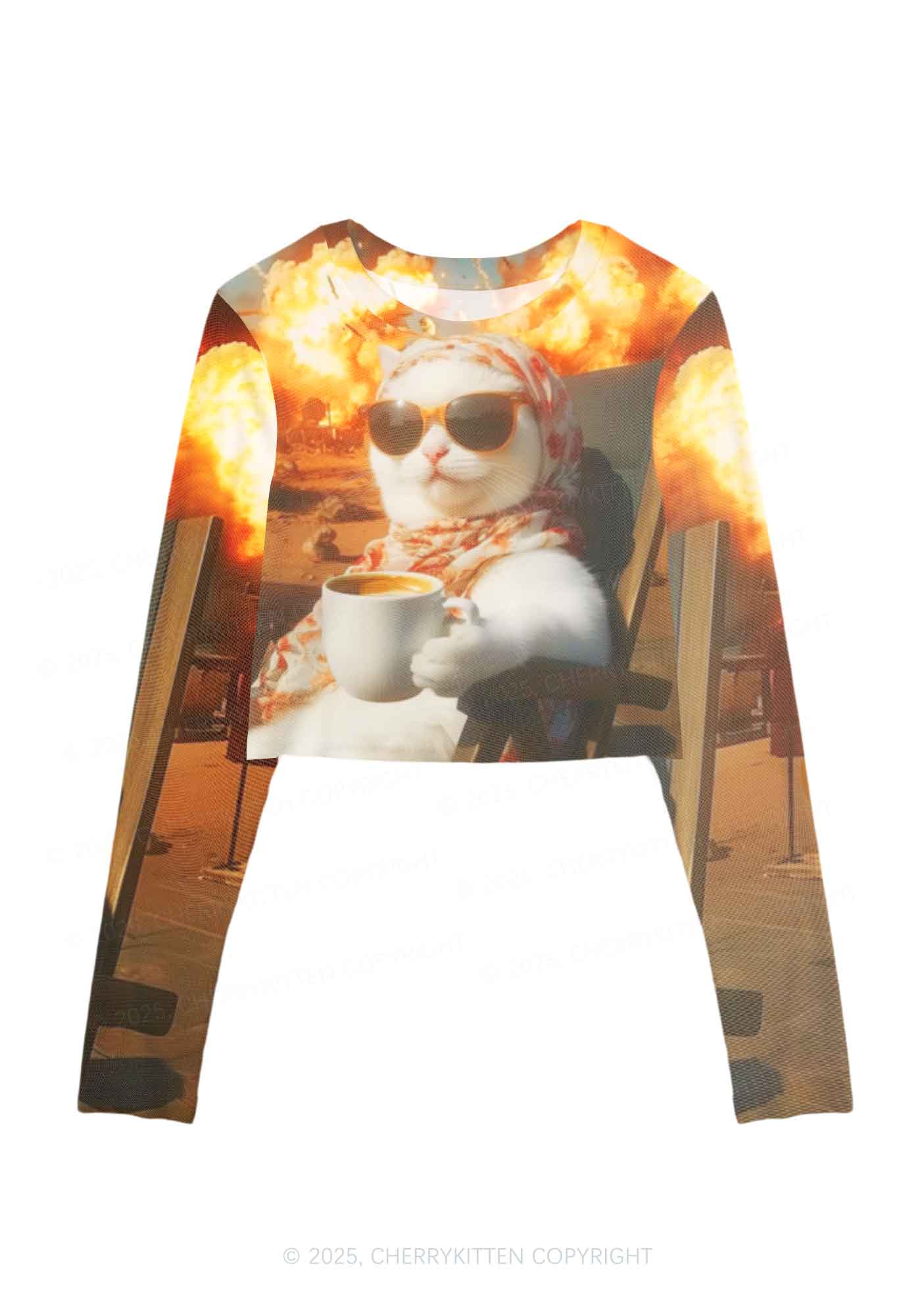 Cool Cat Enjoying Coffee Y2K Mesh Long Sleeve Crop Top Cherrykitten